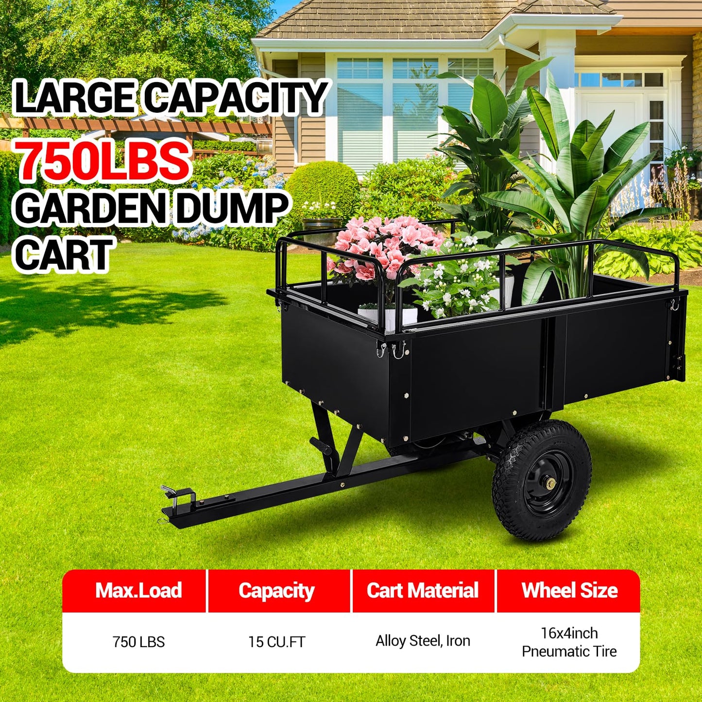 GarveeLife 750 LBS Garden Utility Trailer, 15 Cubic Feet Heavy Duty Steel Dump Cart Feetwith Removable Sides,Hand Pull or Foot Pedal Garden Cart for ATV, UTV, Lawn Mowers and Tractors