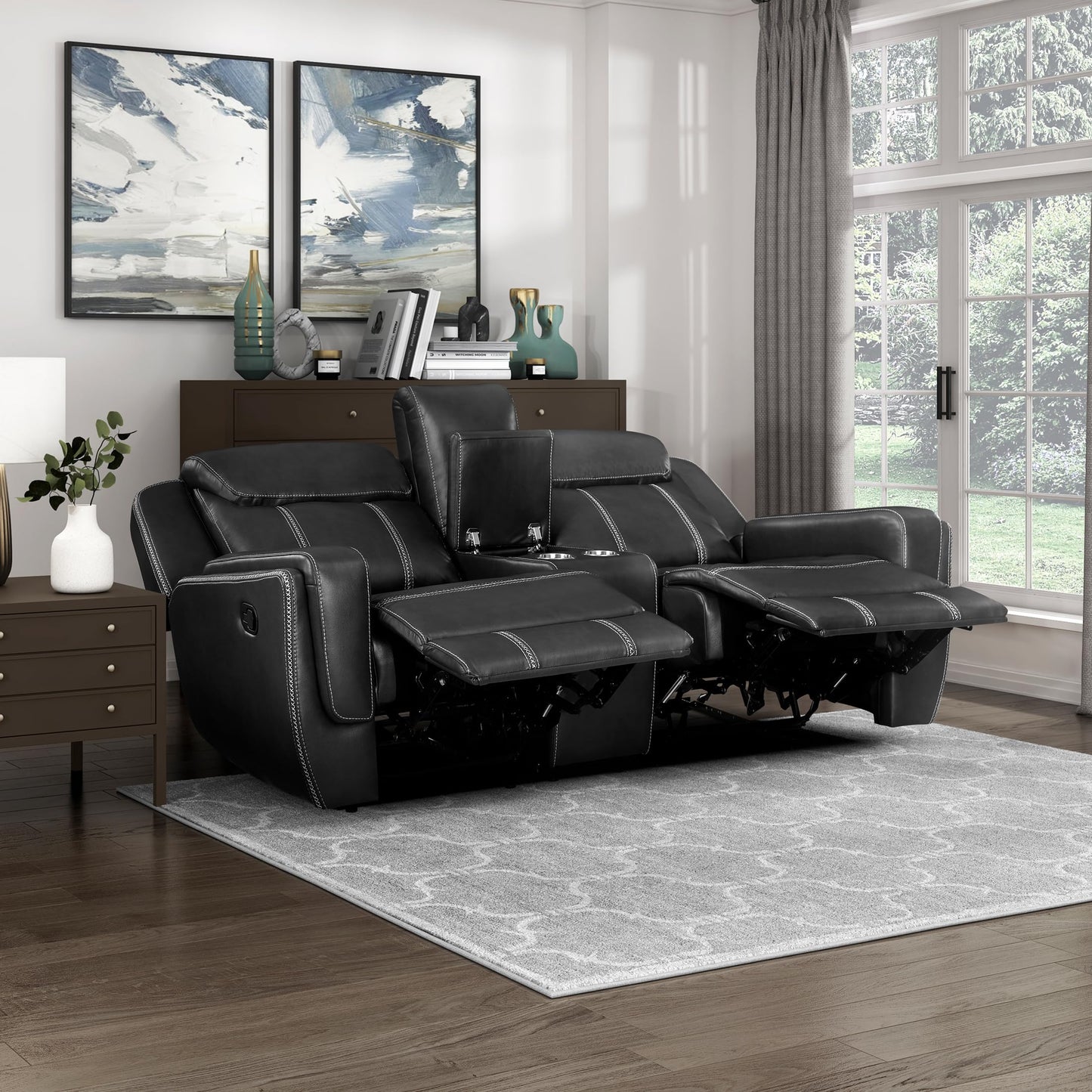 Lexicon Modern Double Reclining Loveseat, Faux Leather Recliner Loveseat With Headrest, Center Console, Receptacles and USB Ports, Manual Recliner Loveseat Sofa For Living Room/Office/Apartment, Black