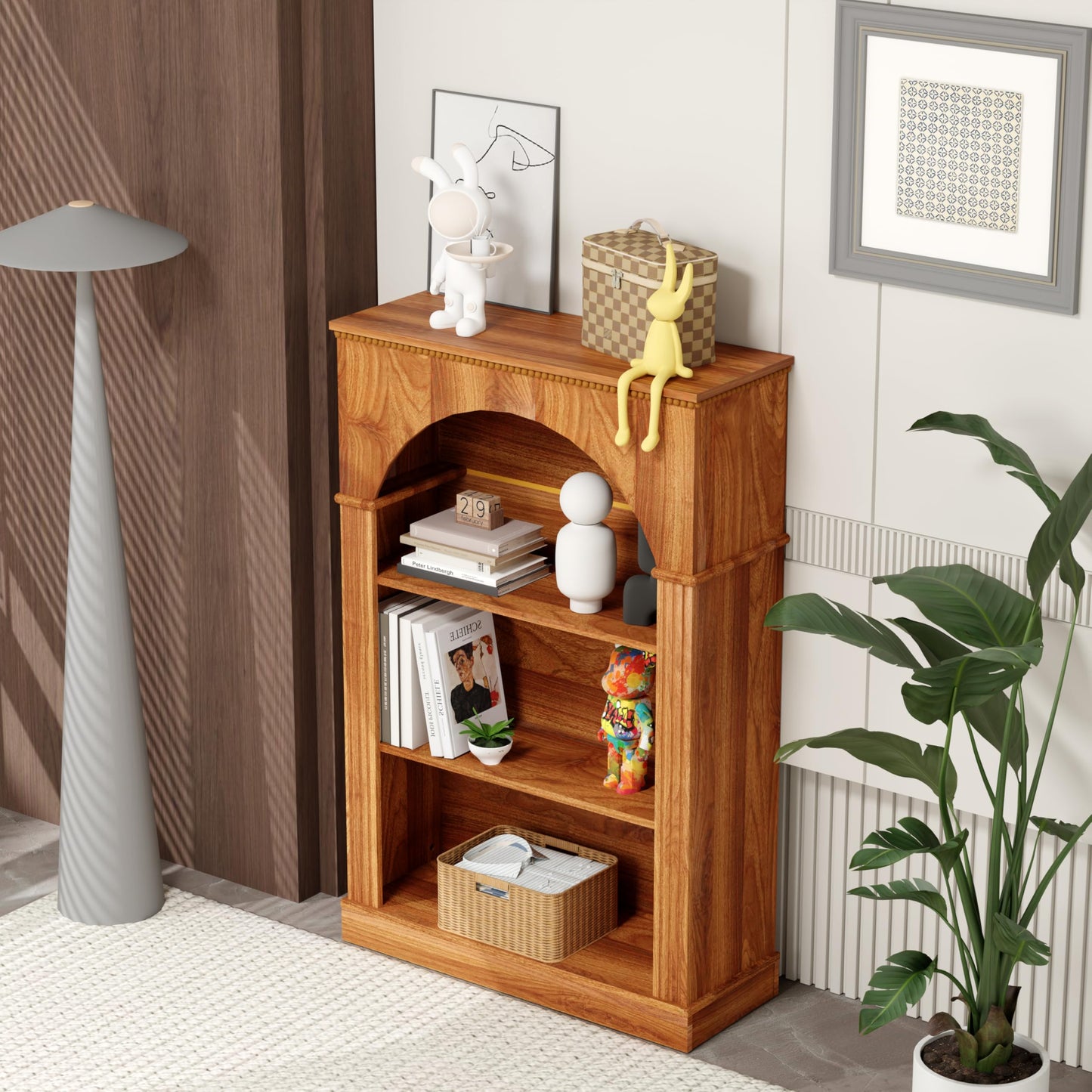 KEIKI 48" H Arched Display Storage Cabinet with Open Shelf, Wood Traditional Curio China Collectibles Book Case Shelves Bookcase for Living Room, Home Office