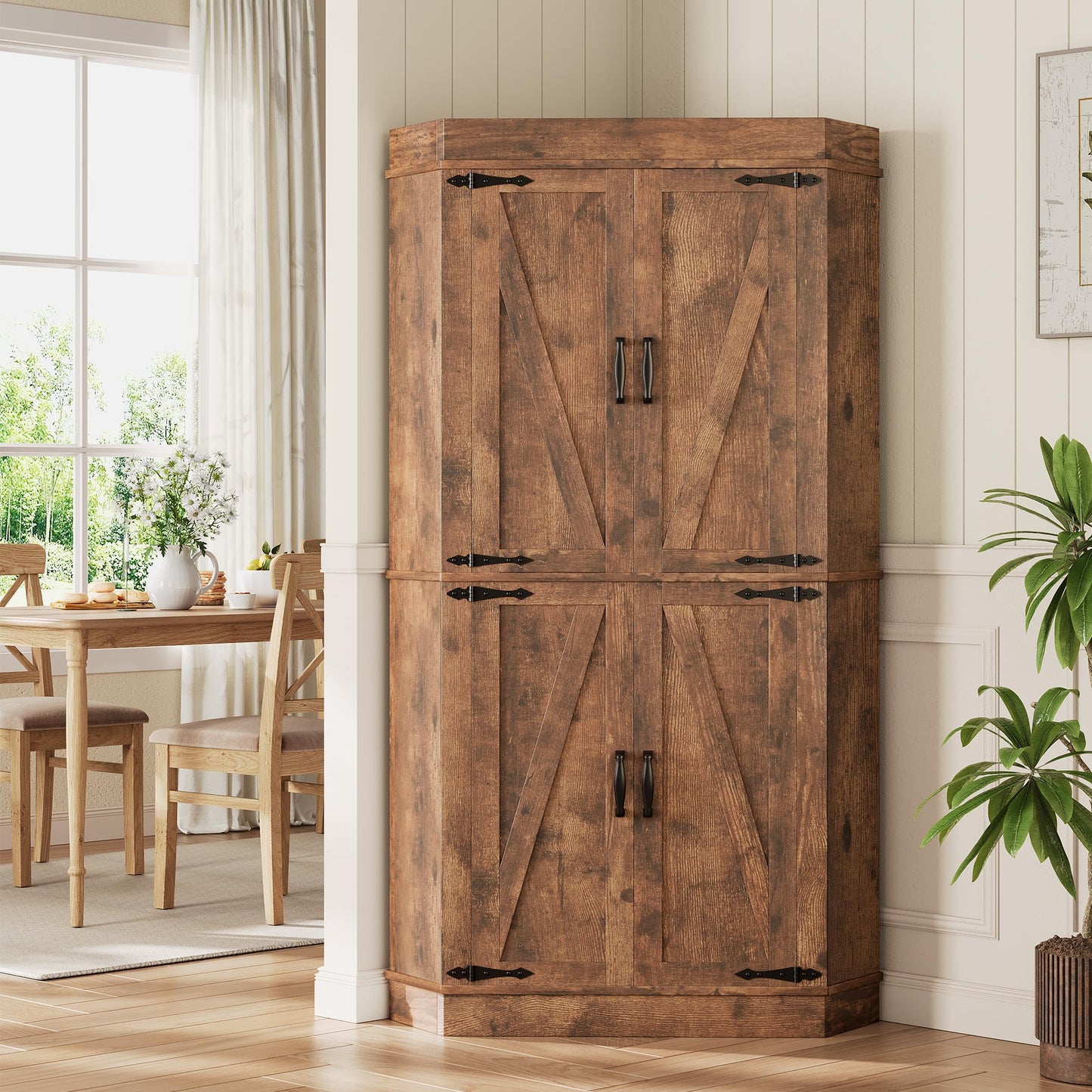 Corner Cabinet,71'' Kitchen Pantry Storage Cabinet with 4 Doors and Shelves, Tall Food Pantry Storage Cabinet Farmhouse Furniture for Kitchen Dining Room, Brown