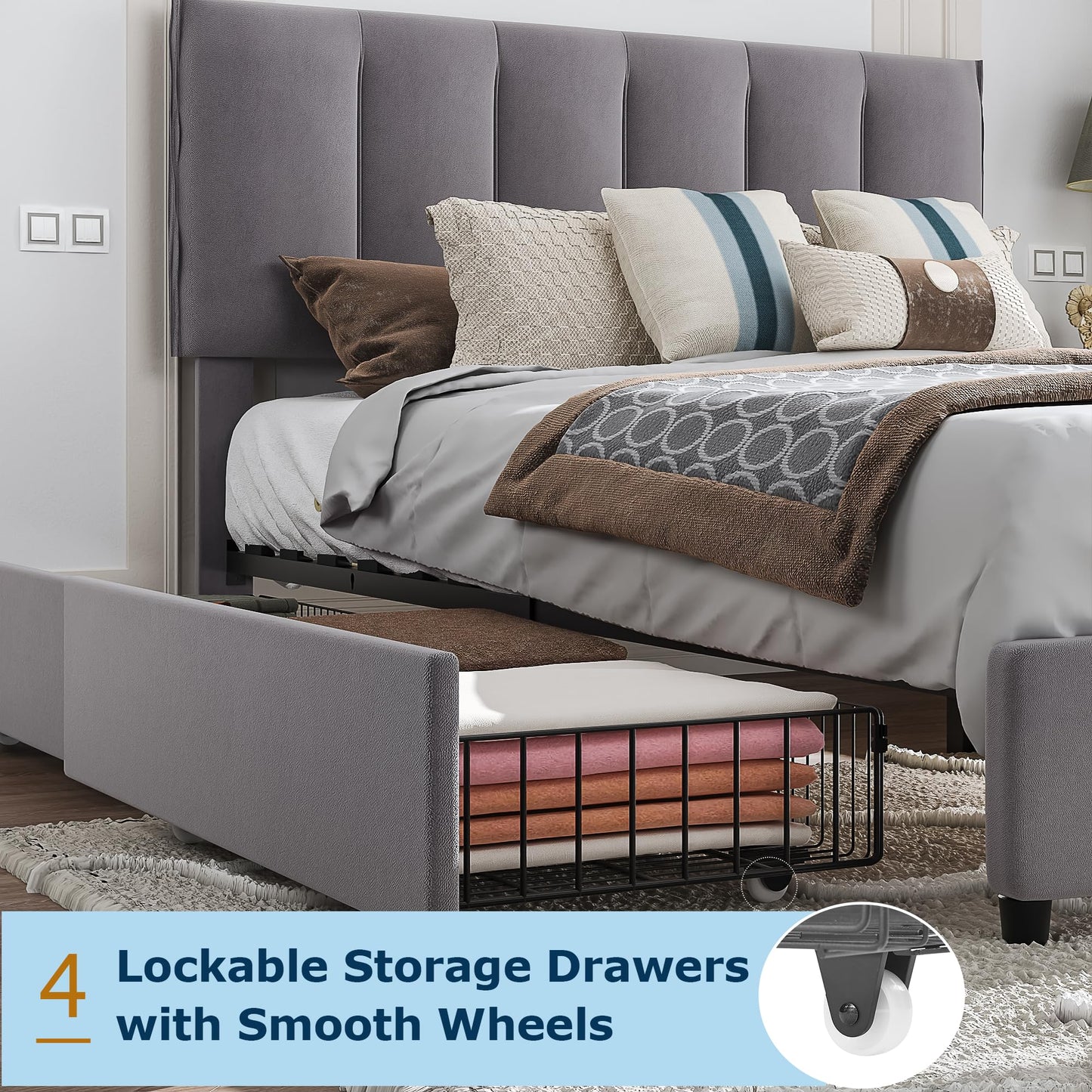 VECELO Full Size Bed Frame with 4 Storage Drawers, Adjustable Height Headboard, Heavy-Duty Platform Bedframe with Strong Wooden Slats, No Box Spring Needed, Dark Grey