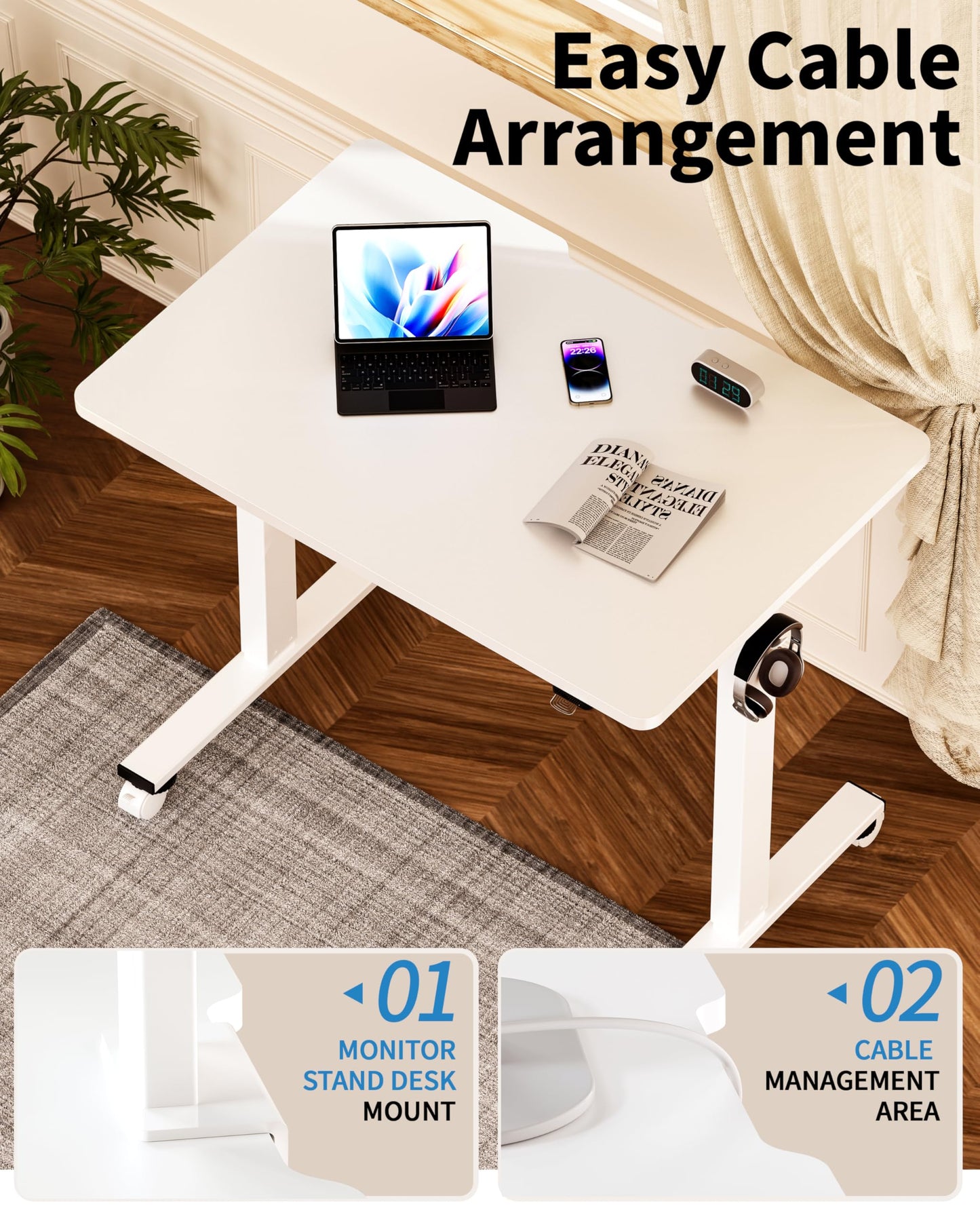 Okin Electric Standing Desk, 40 x 24 Inches Whole Piece Height Adjustable Desk, White Sit to Stand Desks Computer Workstation with Wheels for Home Office
