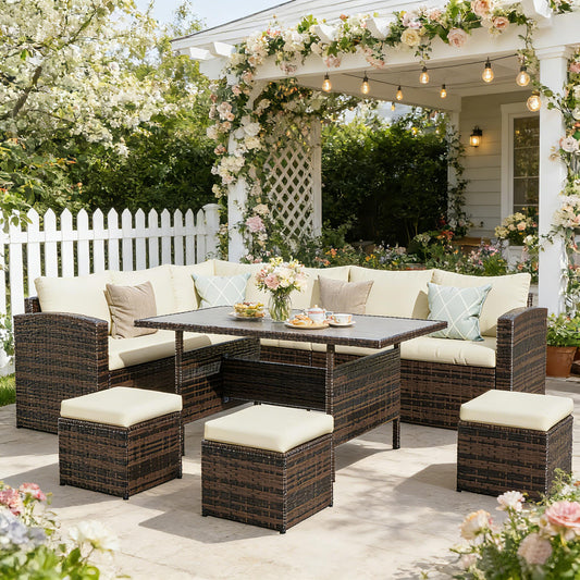 Wisteria Lane 7 Piece Patio Furniture Set, Wicker Patio Sectional with Wide Armrest, All Weather Outdoor Dining Set, Outdoor Furniture Patio Conversation Set with Ottoman, Beige