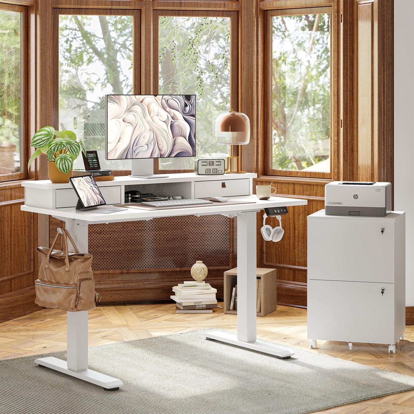 TIQLAB Standing Desk with Two Drawers, Stand Up Standing Desk Adjustable Height, Electric Sit Stand Table with Storage Shelf and Splice Board, 55 * 24 inch, White