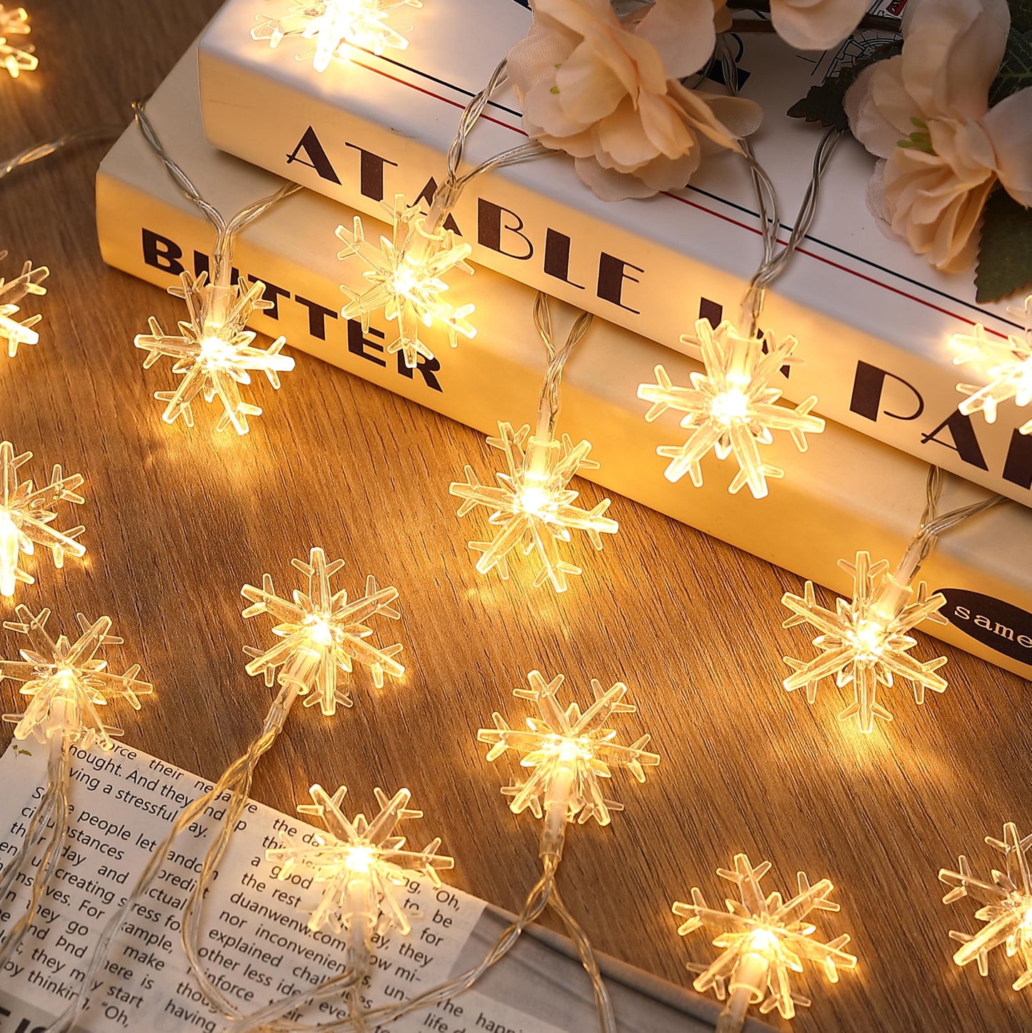 Yoitomehy Snowflake Christmas String Lights, 20 ft, 40 LED, Battery Operated, Warm White Fairy Lights for Holiday Decor