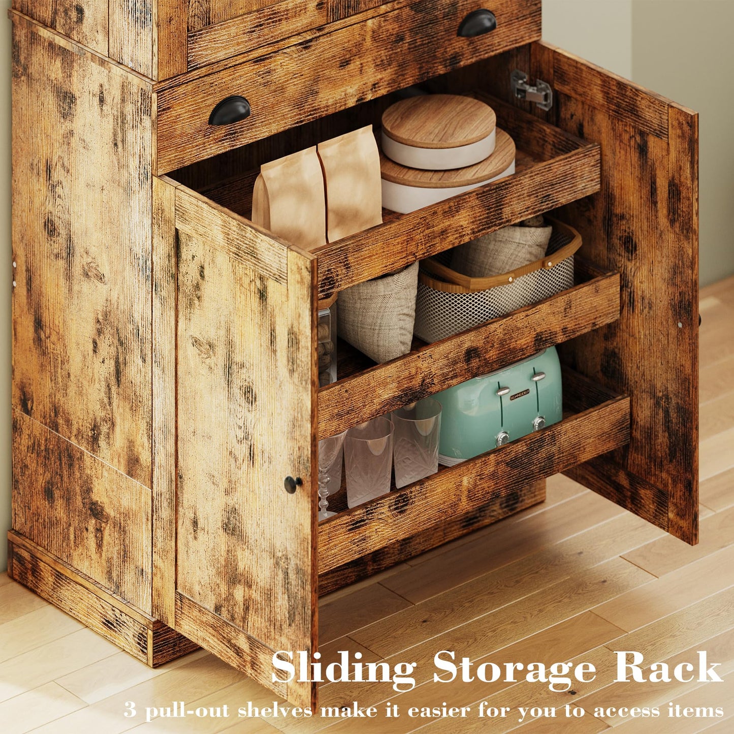IRONCK Kitchen Pantry Cabinet 72" Height, Freestanding Cupboard with Drawer, Sliding Storage Rack, and 6 Hanging Shelves for Dining Room, Laundry, Living Room, Vintage Brown