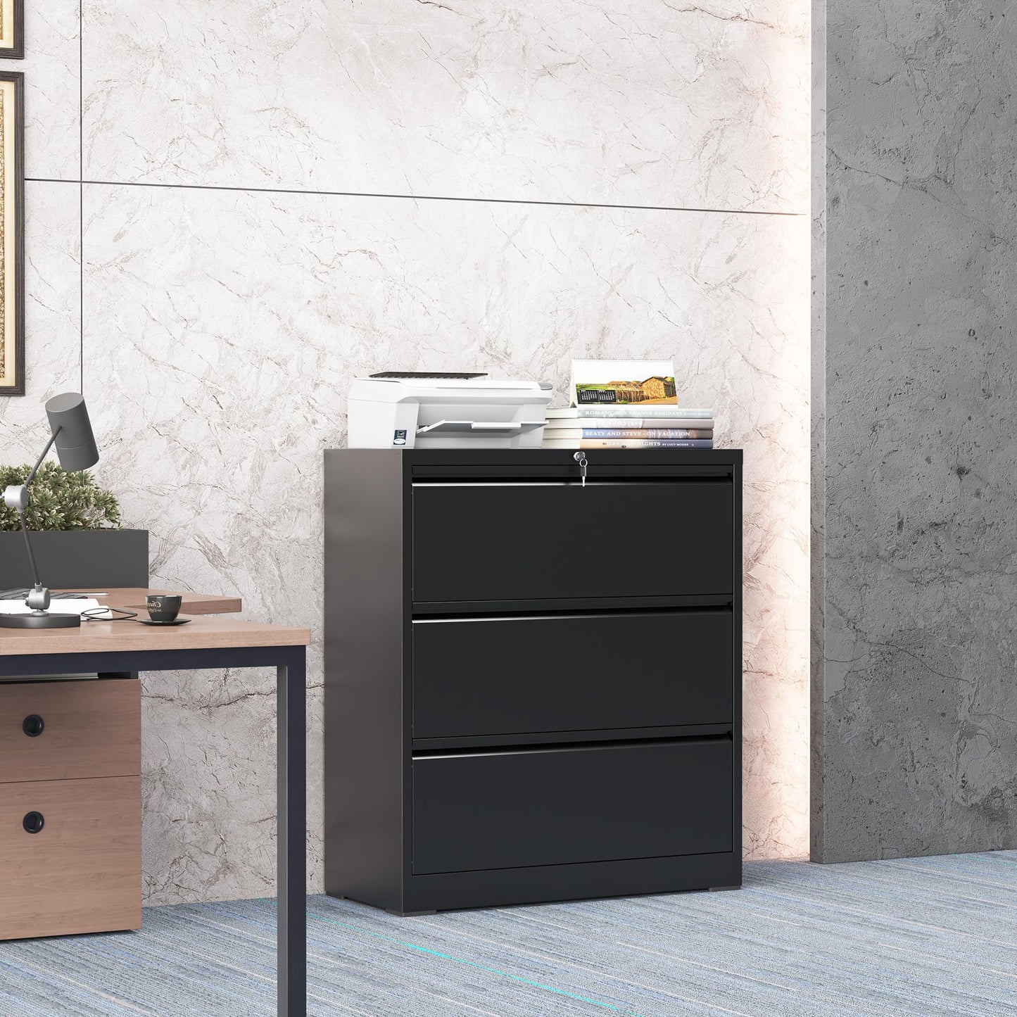 FOSTOKO 3 Drawer Lateral File Cabinet with Lock, Metal File Cabinets for Home Office, Steel Heavy-Duty Filing Storage Cabinet for Letters/Legal/A4 (Require Assembly, Black)