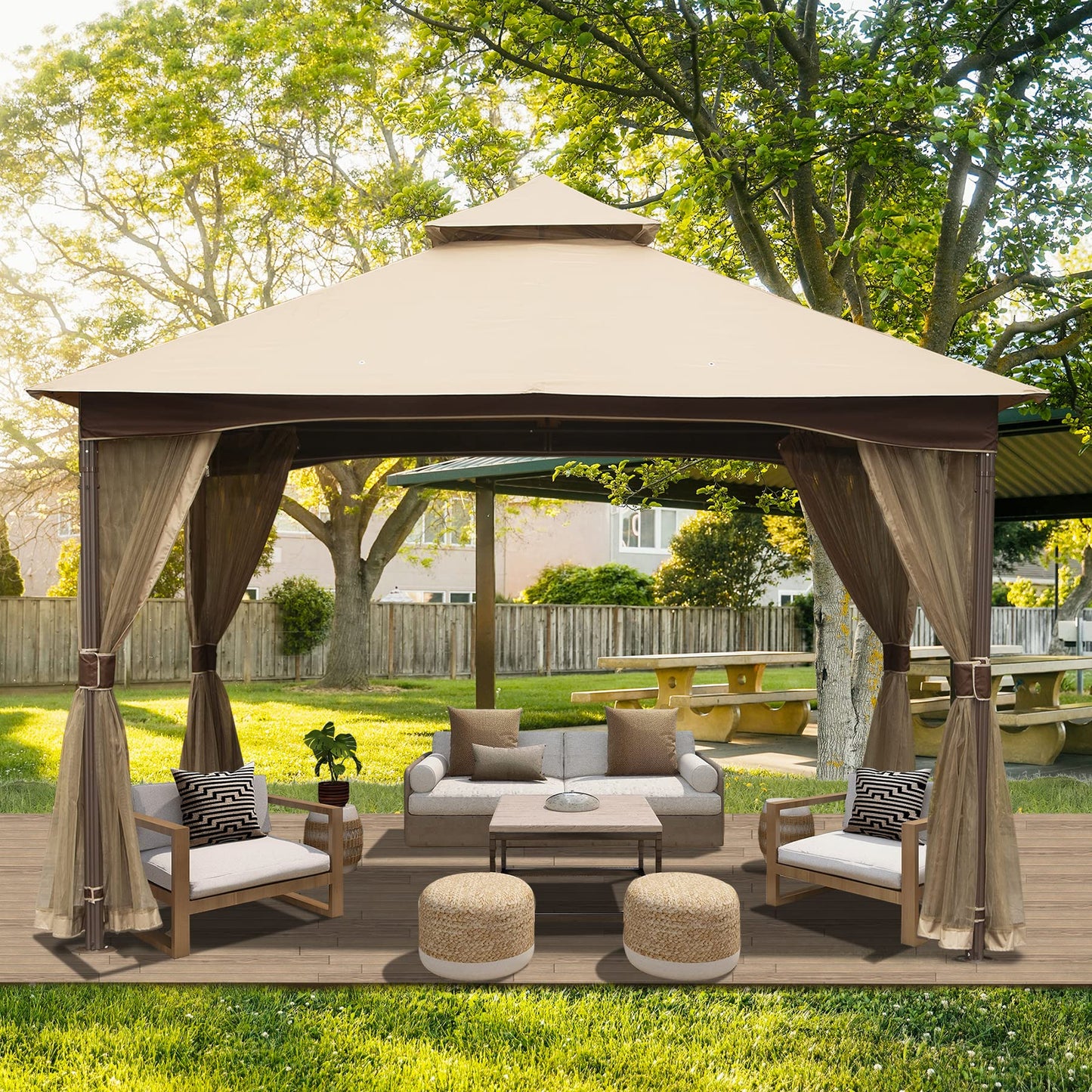 Domi 10' x 13' Outdoor Canopy with Mosquito Netting, Double Roof Soft Top Gazebo Pergola, Metal Frame Patio Shelter for Deck, Backyard, Garden, and Lawn