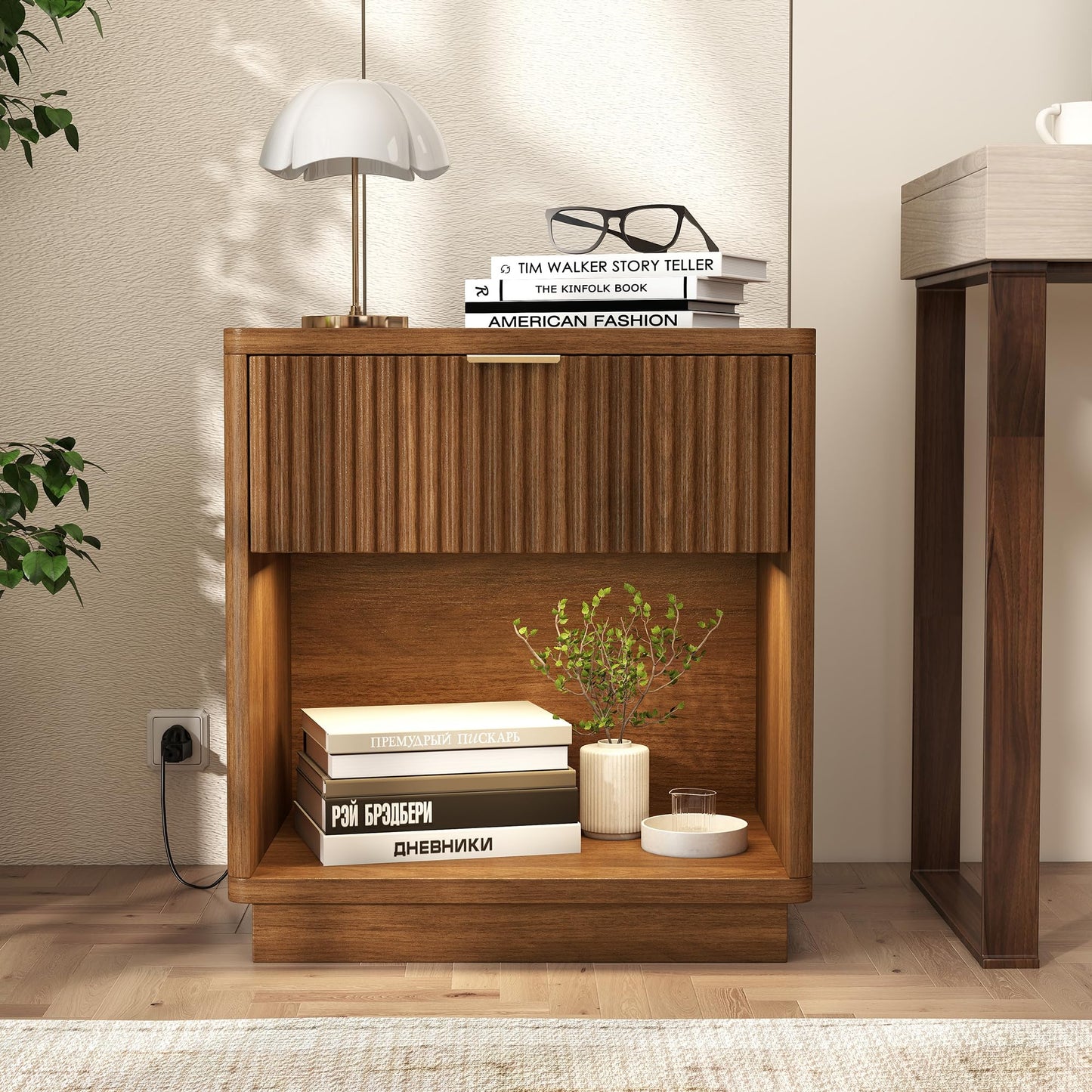 Miereirl Fluted Nightstand with Charging Station, Vintage Modern Night Stands Storage Cabinet Wooden Bedside Table with Metal Handle Drawers, Walnut Oak