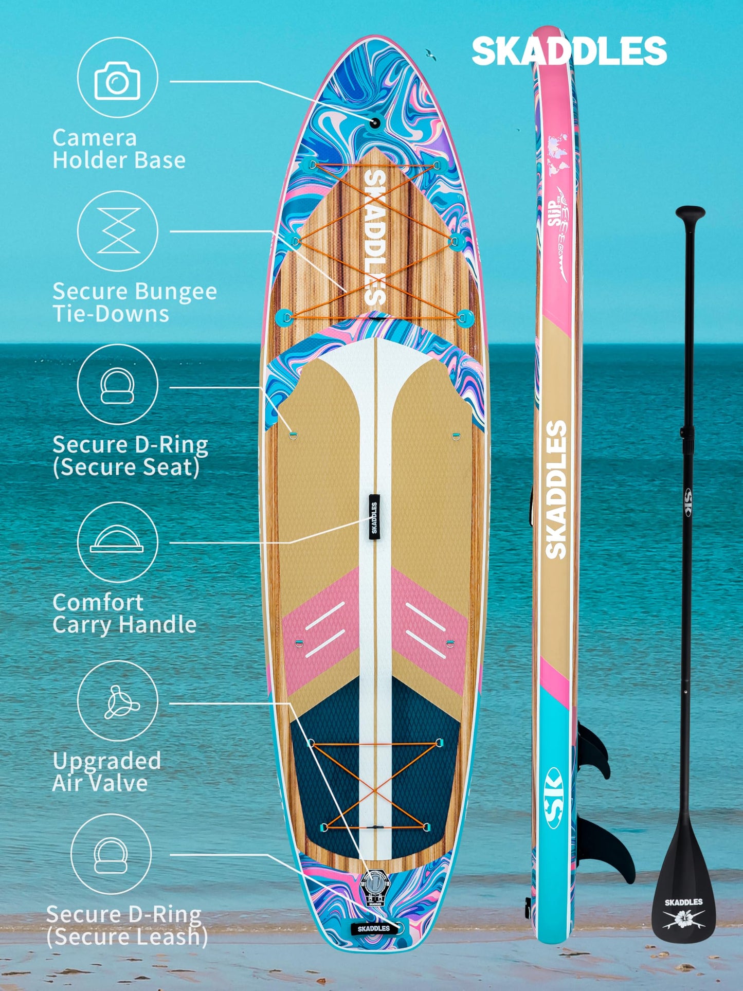 11' Inflatable Stand Up Paddle Board – Extra Wide SUP Paddleboard for Adults, Premium Inflatable Board with Paddle, Pump, Fins, Backpack, Leash & Waterproof Bags (Ocean Bloom)