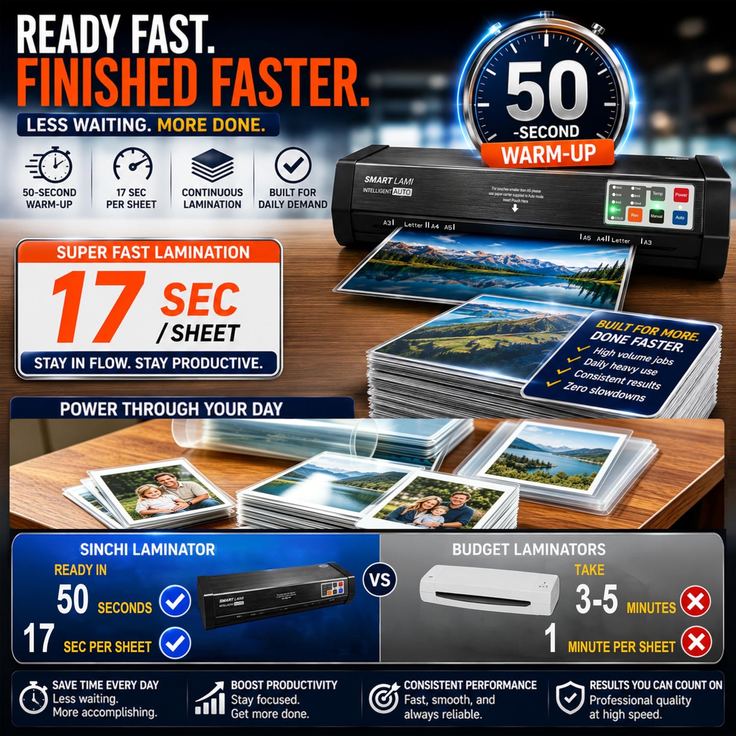 SINCHI Auto Sense 13" Heavy-Duty Laminator for Business & School, 3–10 Mil, 50s Warm-Up, 17s/Sheet, Works with Cardstock & Dark Prints, Never-Jam, Laminates 11x17, Includes 10 Sheets
