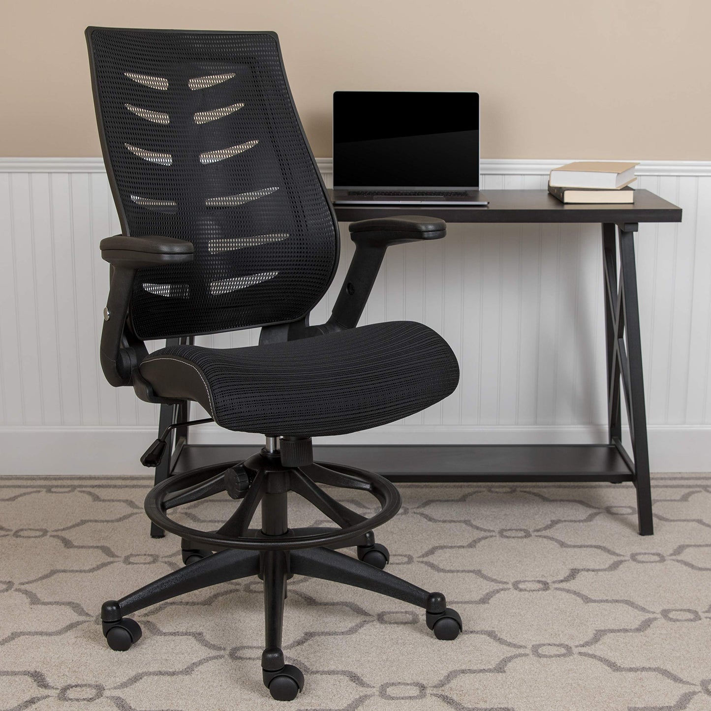 Flash Furniture Kale High-Back Ergonomic Mesh Office Chair with Flip-Up Arms and Adjustable Foot Ring, Spine-Back Tall Executive Swivel Chair, Black