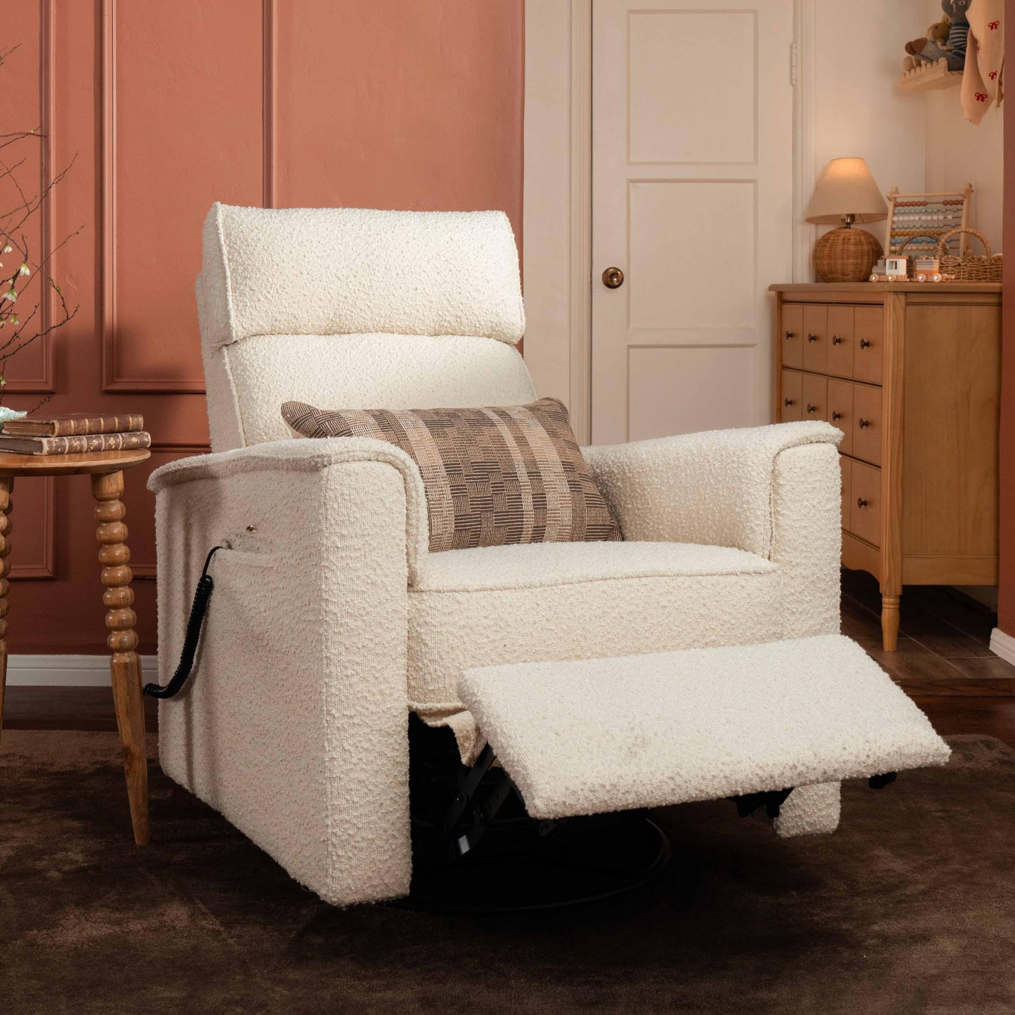 Namesake Willa Deluxe Power Recliner & Swivel Glider with Heat & Massage in Performance Ivory Boucle, Built-in USB Charging Port, Adjustable Headrest | Greenguard Gold & CertiPUR-US® Certified