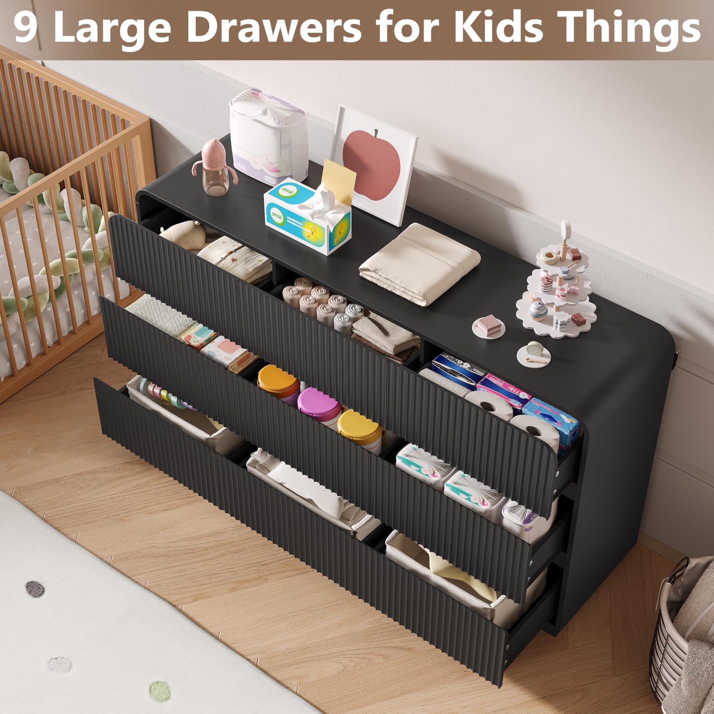 BORNOON Dresser for Bedroom with 9 Drawers, Fluted Chest of Drawers with Round Curved Corner, Hidden Handles, Modern Wood Storage Organizer for Bedroom, Nursery, Living Room