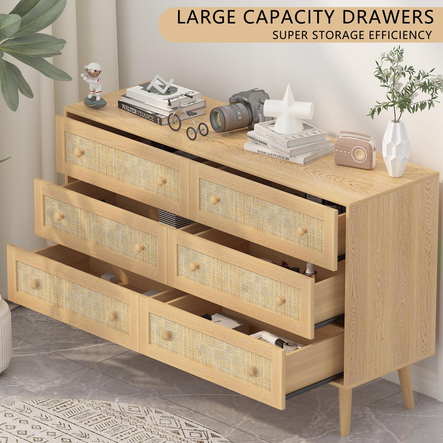HUANLEGO Rattan Dresser for Bedroom, Modern 6 Drawer Dressers & Chest of Drawers, Natural Boho Dresser with Handles Wood Storage Organizer Modern Dressers for Closet, Hallway, Office