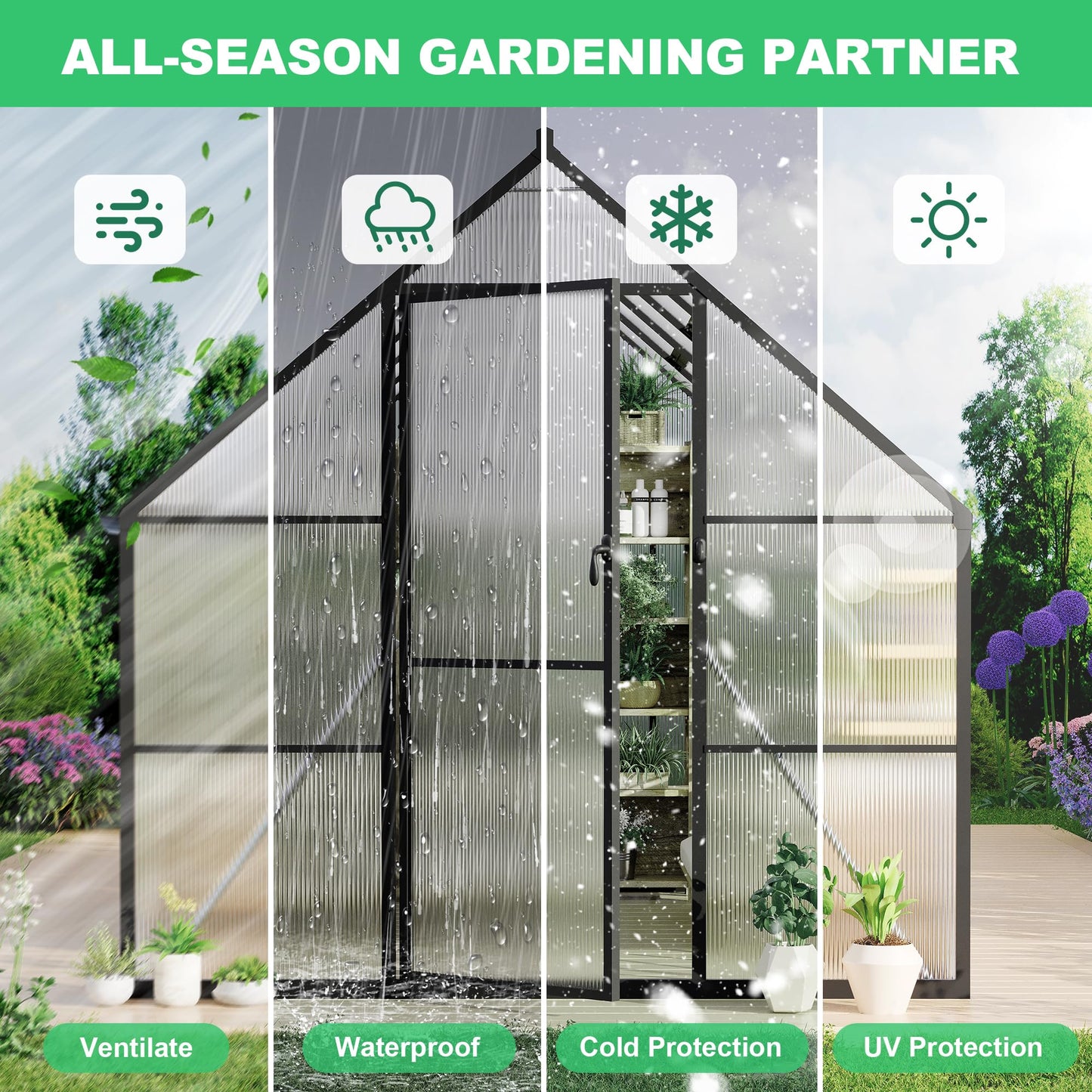 Polycarbonate Greenhouse for Outdoors, Large Walk-InGreenhouse with Quick Setup Structure and Roof Vent, Greenhouse with Ventilation and Rain Gutter