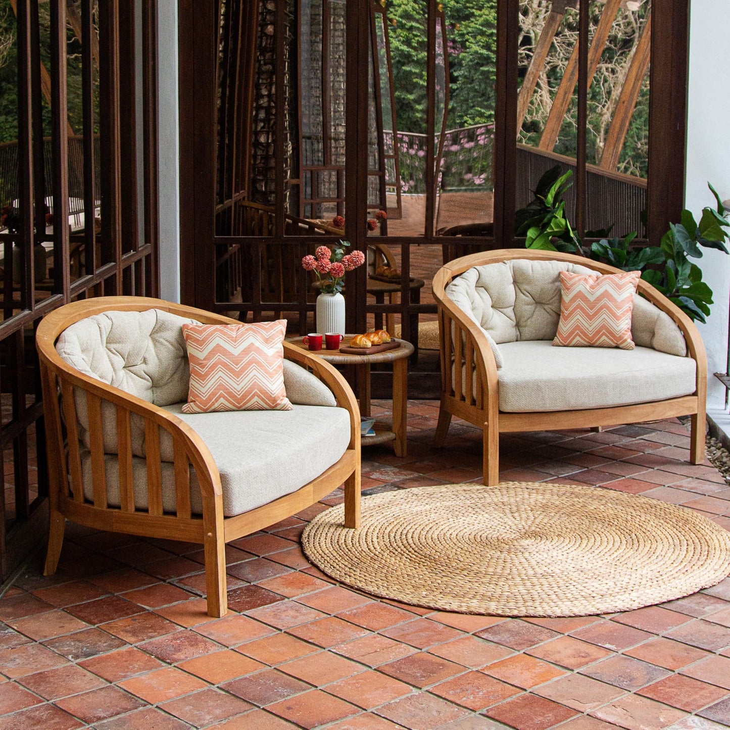Cambridge Casual Bronte 3-Piece Teak Outdoor Lounge Set – 2 Oversized Lounge Chairs with Tufted Backrest Cushions & Teak Side Table with Honey-Core Wicker Shelf