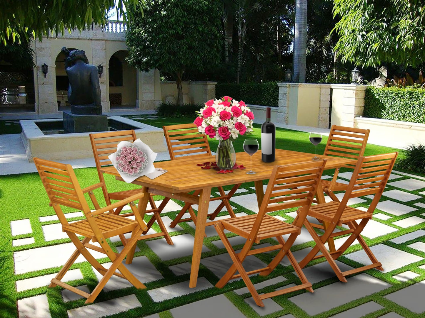 East West Furniture DEBS72CANA 7 Piece Patio Bistro Dining Set Consist of a Rectangle Outdoor Acacia Wood Table and 2 Folding Arm Chairs with 4 Side Chairs, 40x72 Inch, Natural Oil