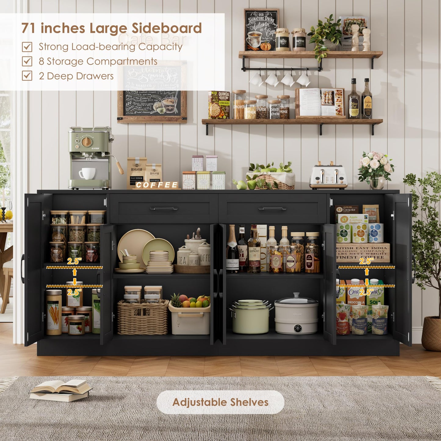 BOTLOG 71” Large Buffet Cabinet with Storage, Sideboard Buffet Cabinet with Adjustable Shelves and 6 Soft-Close Doors, Wood Coffee Bar Console Table for Kitchen, Dining Room, Black