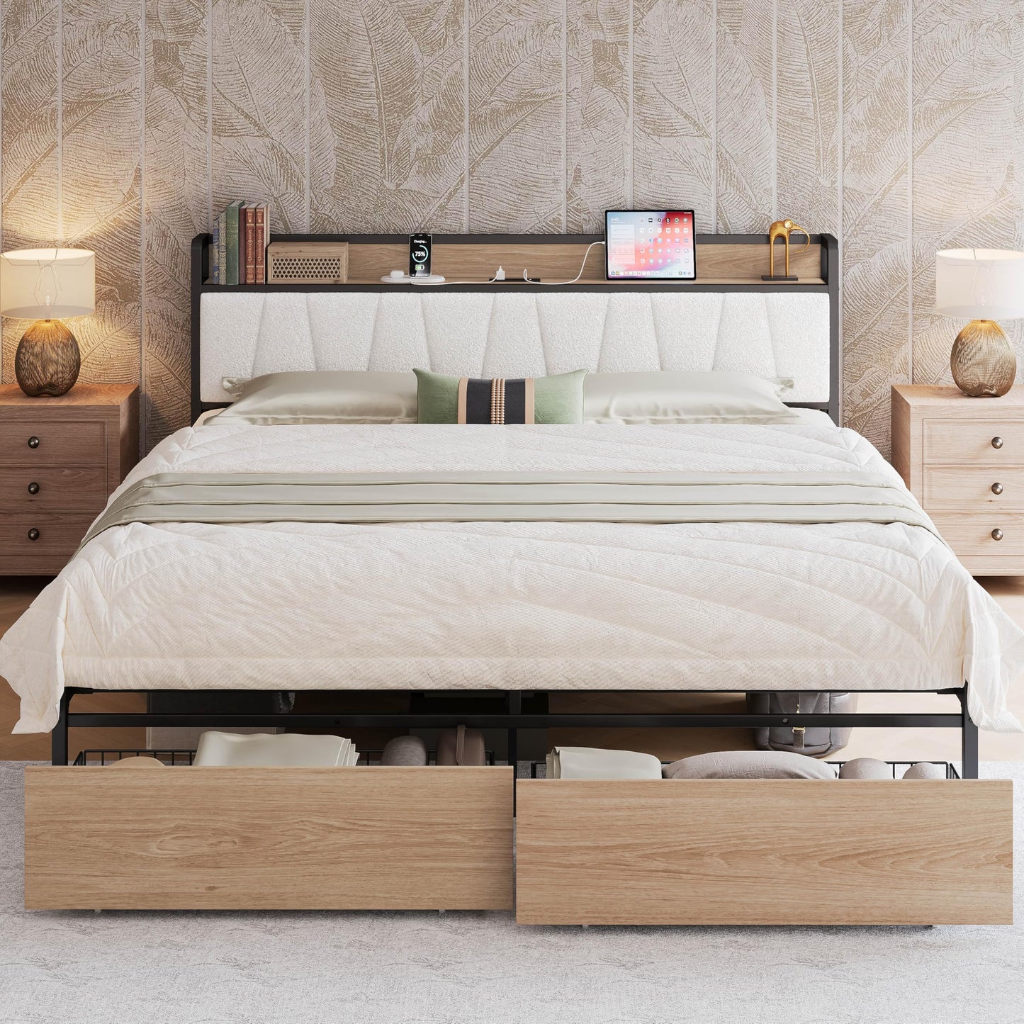 LIKIMIO King Size Bed Frame with 2 Drawers and Charging Station