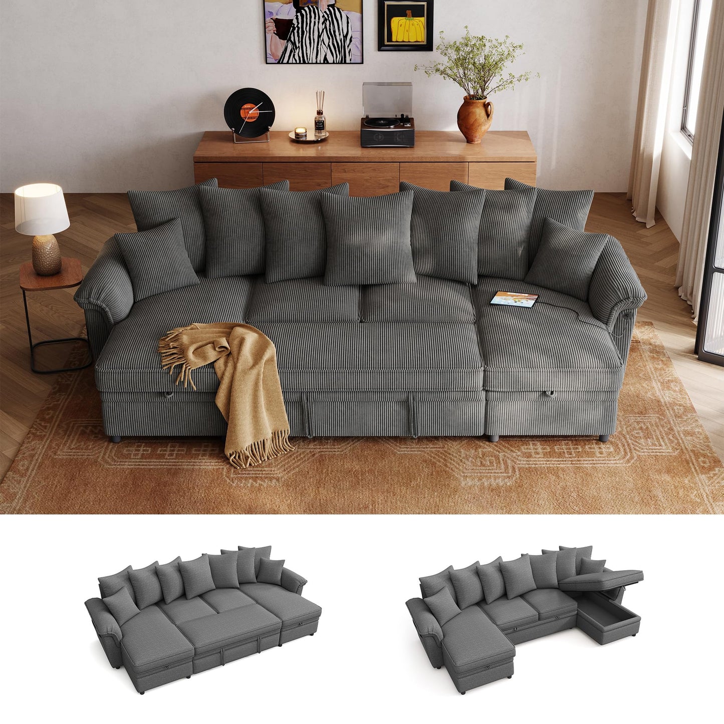 LINSY HOME Oversized Sectional Sleeper Sofa with Pull Out Couch Bed (Gray, 118.5'')