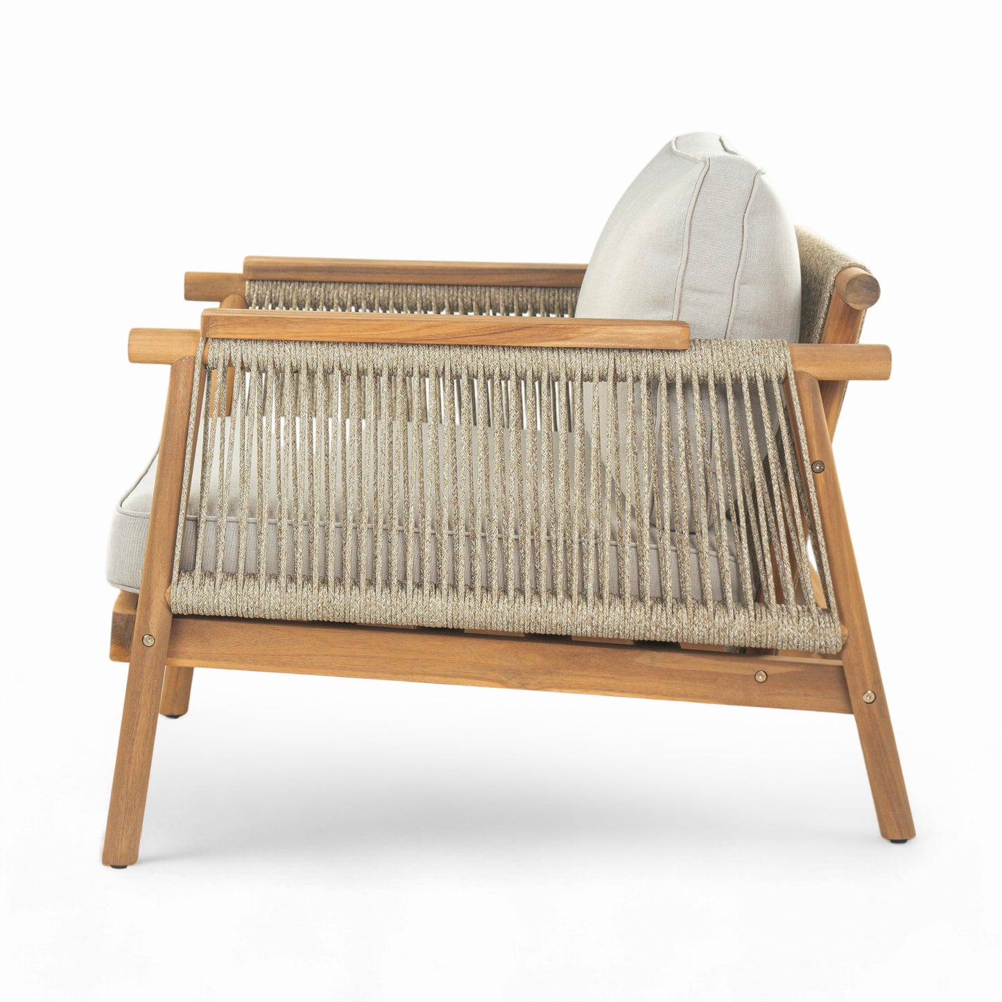 Merax Outdoor Acacia Wood Lounge Chair w/Cushions Set of 2, Patio Club Chair with Rope & Sturdy Wood Legs, All-Wearther Singe Sofa Chair for Porch, Lawn, Backyard, Balcony, Teak+ Beige