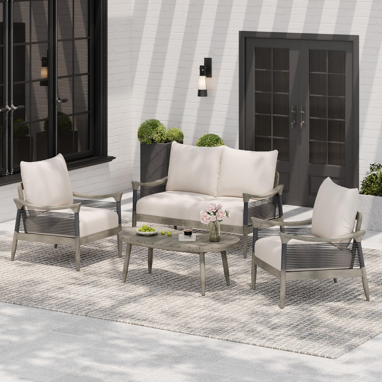 Christopher Knight Home Havets 4 Piece Patio Conversation Sets, Outdoor Acacia Wood Patio Seating Group,Woven Rope Loveseat Chairs with Cushions and Coffee Table for Porch Backyard Balcony, Gray+Beige