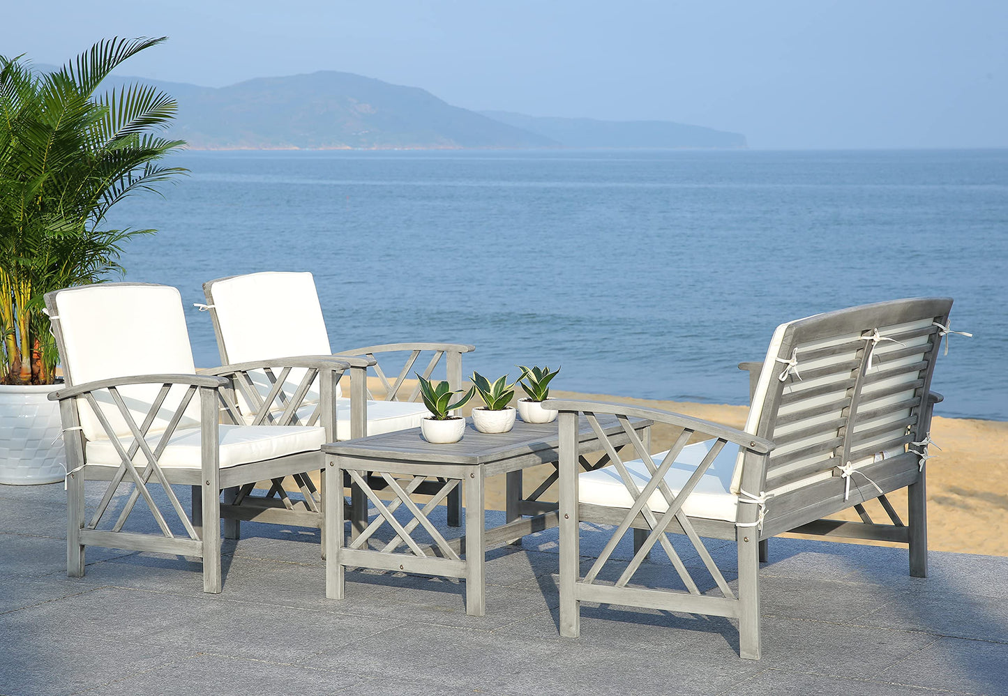 SAFAVIEH Outdoor Collection Fontana Grey Wash/ Beige 4-Piece Conversation Patio Set with Cushions