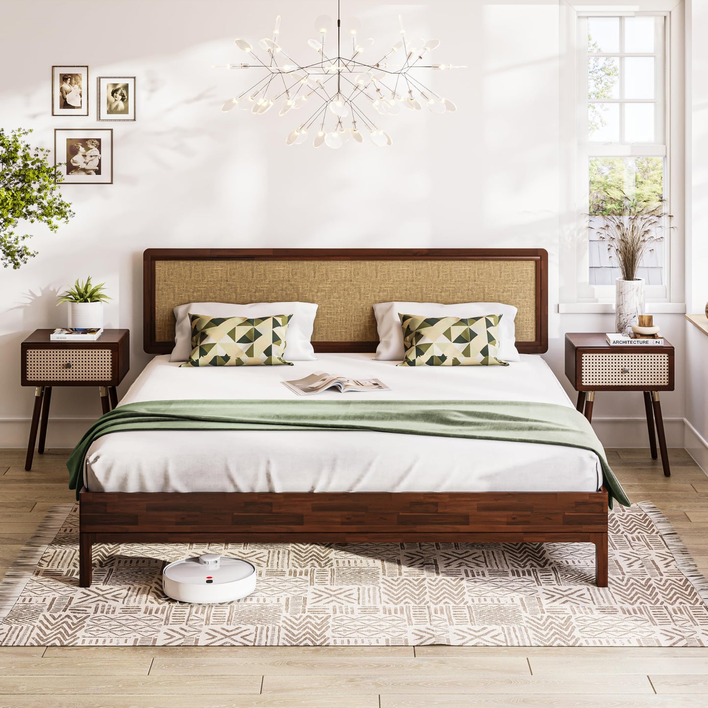 Bme Nipe King 14 Inch Bohemian Bed Frame with Adjustable Wicker Headboard - Rustic & Vintage Style with Acacia Wood - No Box Spring Needed - Easy Assembly - Walnut