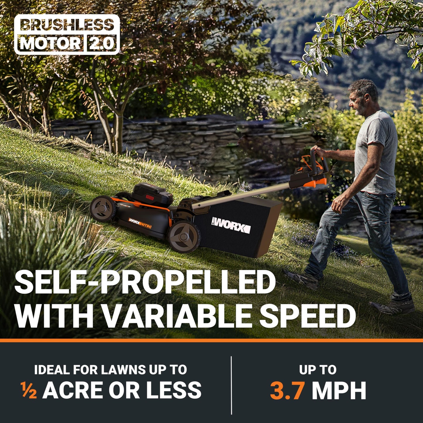 WORX Nitro Cordless Lawn Mower, 21" Electric Mower with Variable Speed, Self-propelled Lawn Mower with Aerodeck & Intellicut, 2 × 5.0 Ah Batteries & Charger Included, WG760