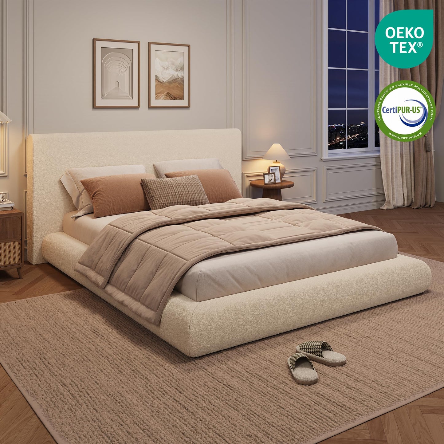 Garvee Queen Size Bed Frame with Upholstered Headboard, Modern Cloud Platform Bed Queen, No Box Spring Needed, Easy Assembly, Soft Plush Fabric, White