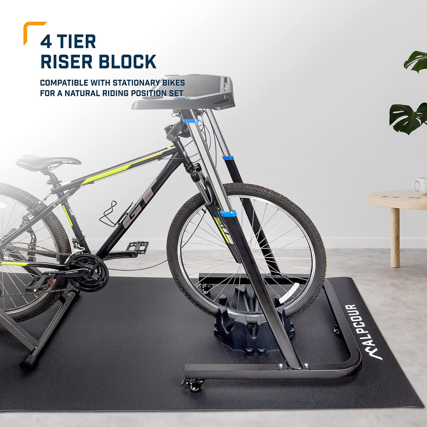 Alpcour Fluid Bike Trainer Stand for Indoor Riding – Portable Stainless Steel Indoor Trainer, Noise Reduction, Progressive Resistance, Dual-Lock System – with 4-Tier Riser Block for Front Wheel