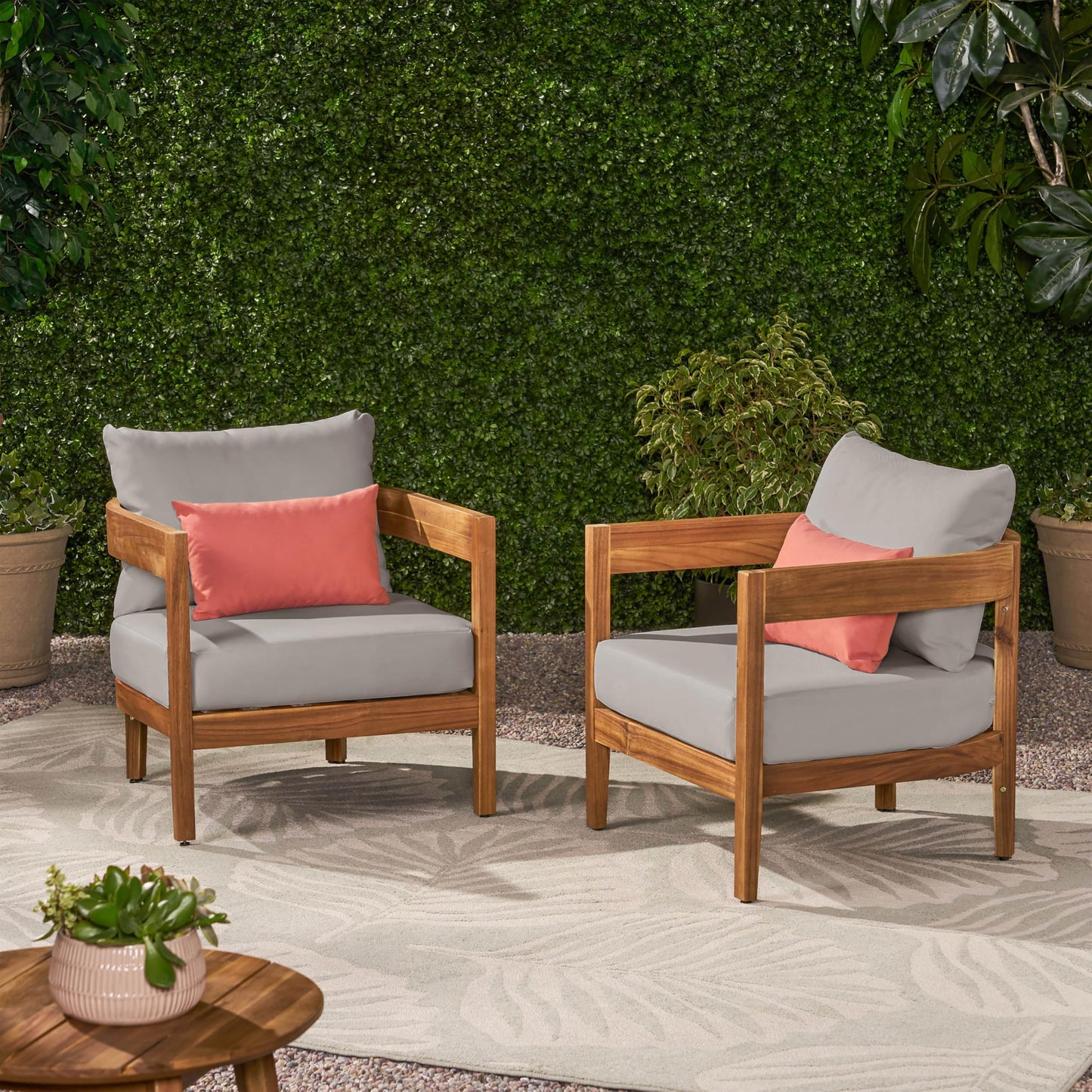 Christopher Knight Home Nadine Acacia Wood Club Chairs Set of 2, Outdoor Accent Chair, Tub Shape Design Armchair, Comfort Cushion Seating, Slat Open Back Reading Sofa for Balcony Garden, Teak+Gray