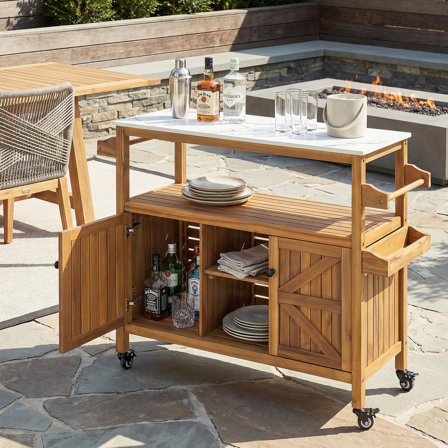 Christopher Knight Home Shina Outdoor Bar Cart with Marble-Effect Top + Lockable Wheels, Acacia Wood Outdoor Storage Cabinet with Open Shelves and 2 Doors, Kitchen Island Serving Cart, Natural