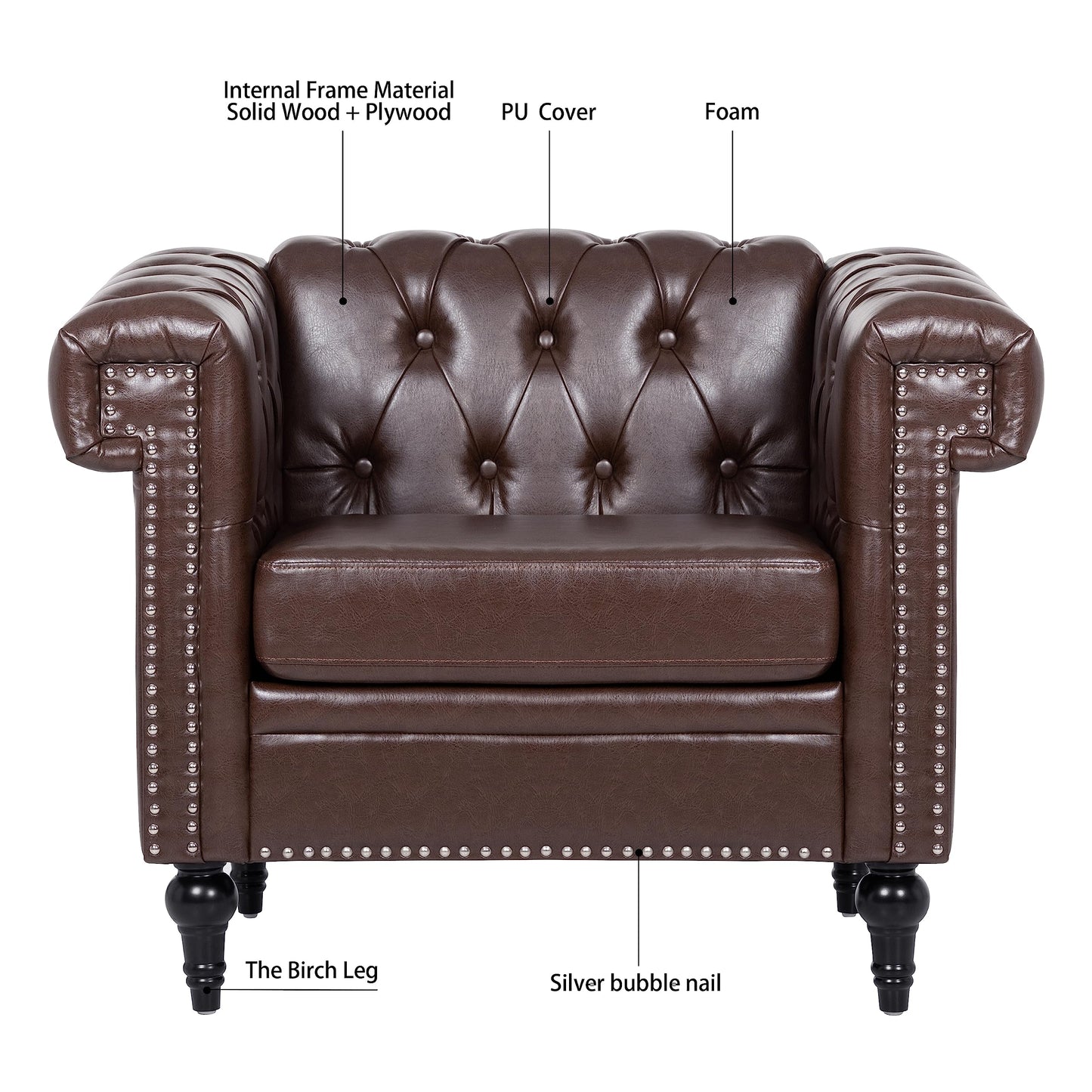 GDFStudio 39" Mid-Century Modern Sofa PU Leather Accent Couch with Rivet Trim, Deep Seat Single Sofa Chair with Rolled Arms, Solid Wood Legs, Vintage Couch for Living Room, Brown
