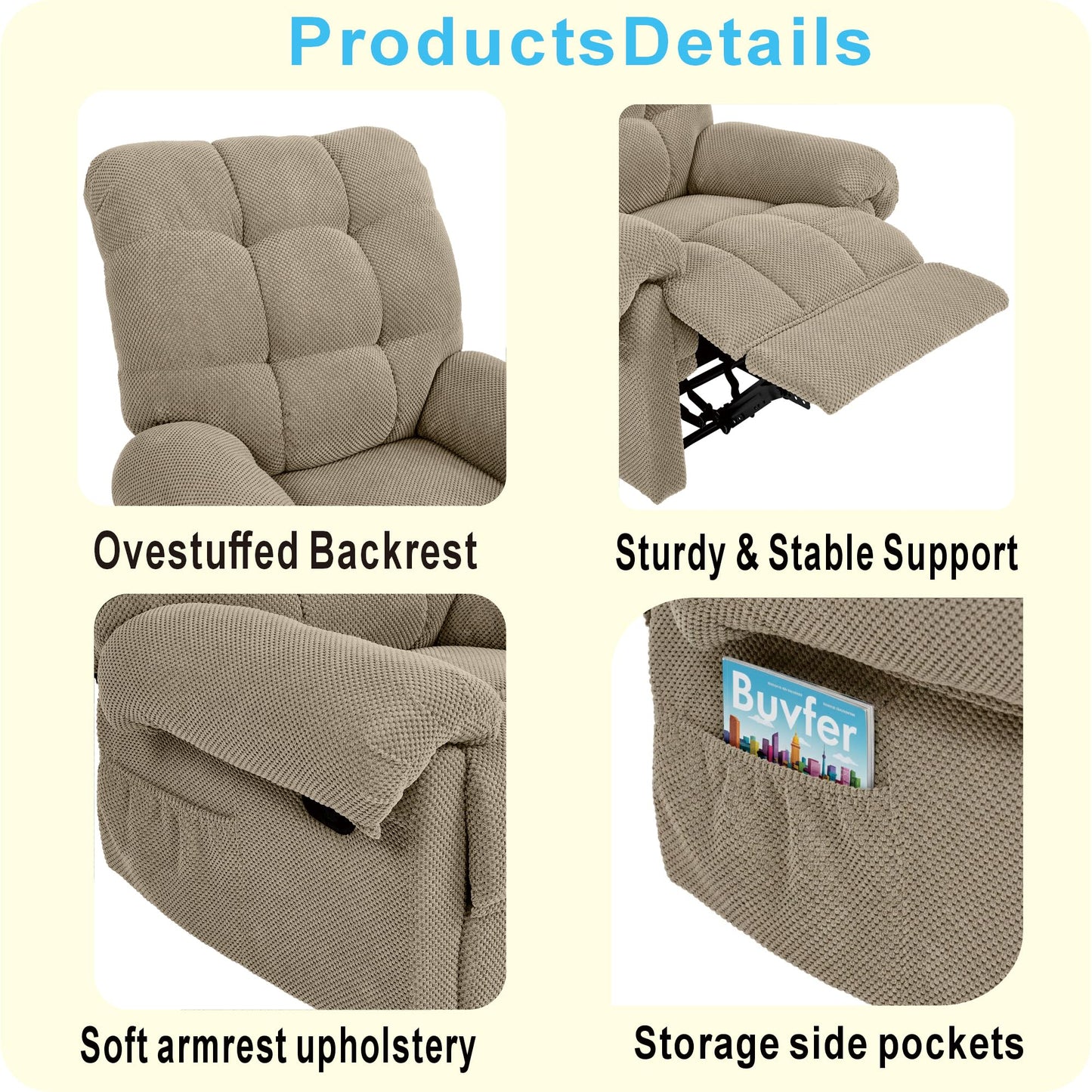 KEIKI Recliner Chair, Nursery Rocker Reclining Chair with Side Pocket, Upholstered Single Sofa for Living Room, Bedroom, Nursing, Reading, Camel