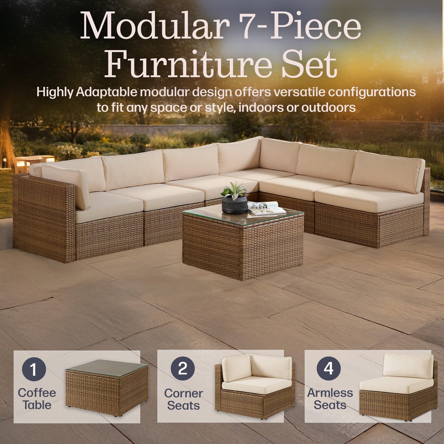 Alaterre Furniture Montara 7 Piece Modular Outdoor Patio Furniture Set - Weather-Resistant Wicker Rattan Patio Table and Chairs Set - Outdoor Couch Set for Backyard, Porch, or Deck (Tan/Cream)