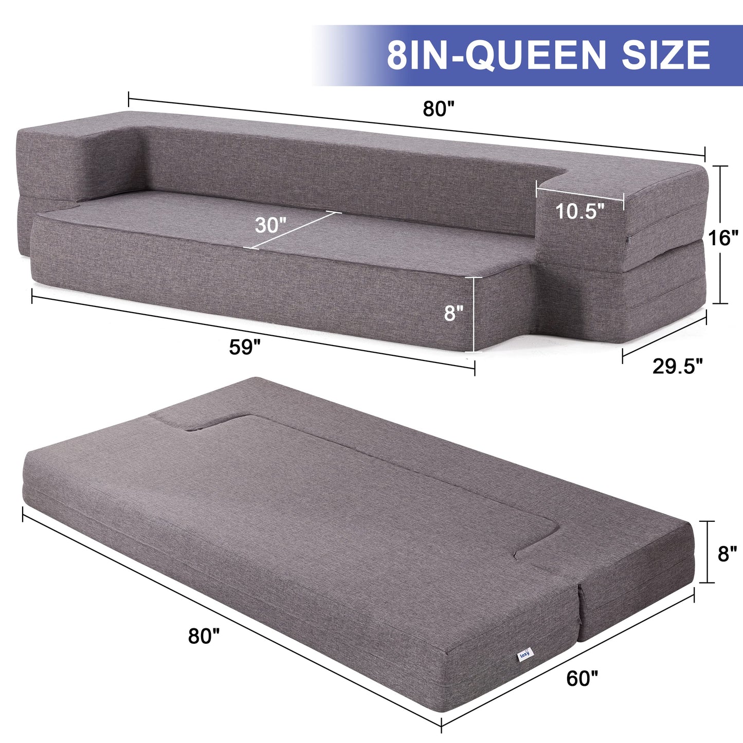 Lazyzizi Floor Sofa Bed, Convertible Sleeper Lounge Couch Folding Mattress with 2 Pillows & Washable Cover for Living Room, Guest, Playroom, Queen