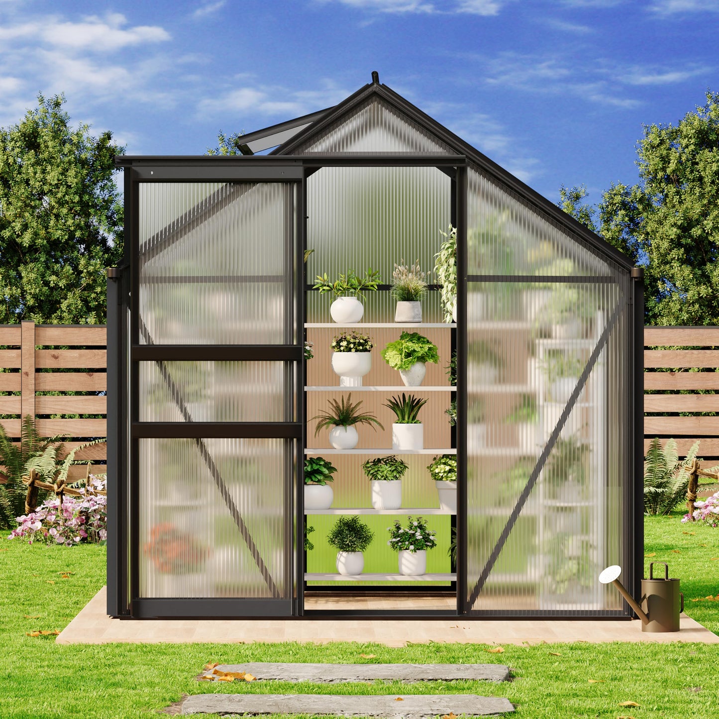 GarveeLife 6 x 4 FT Walk-in Greenhouses for Outside, Polycarbonate Greenhouse with Sliding Door, Adjustable Roof Vent, Aluminum Frame, Backyard Green Houses for Patio Garden