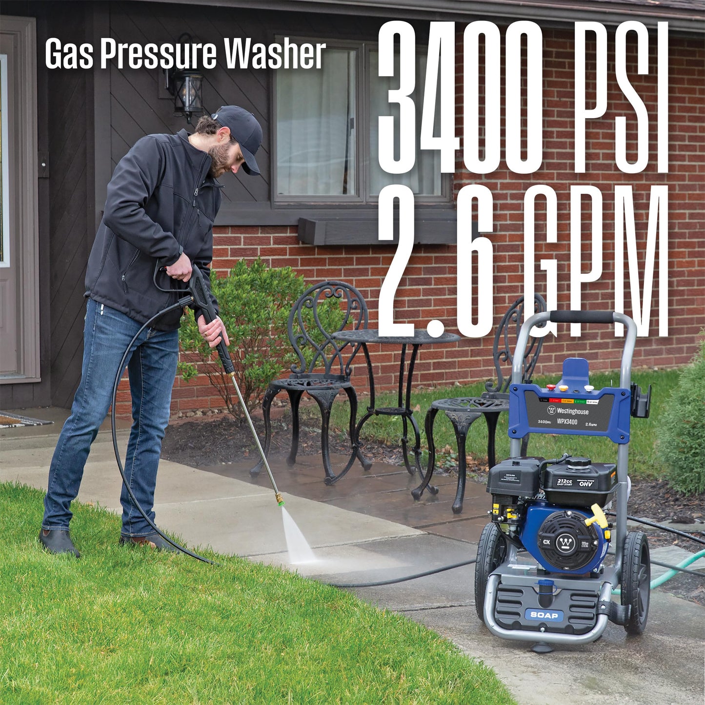 Westinghouse WPX3400 Gas Pressure Washer, 3400 PSI and 2.6 GPM, Onboard Soap Tank, Spray Gun and Wand, 5 Nozzle Set, for Cars/Fences/Driveways/Homes/Patios/Furniture