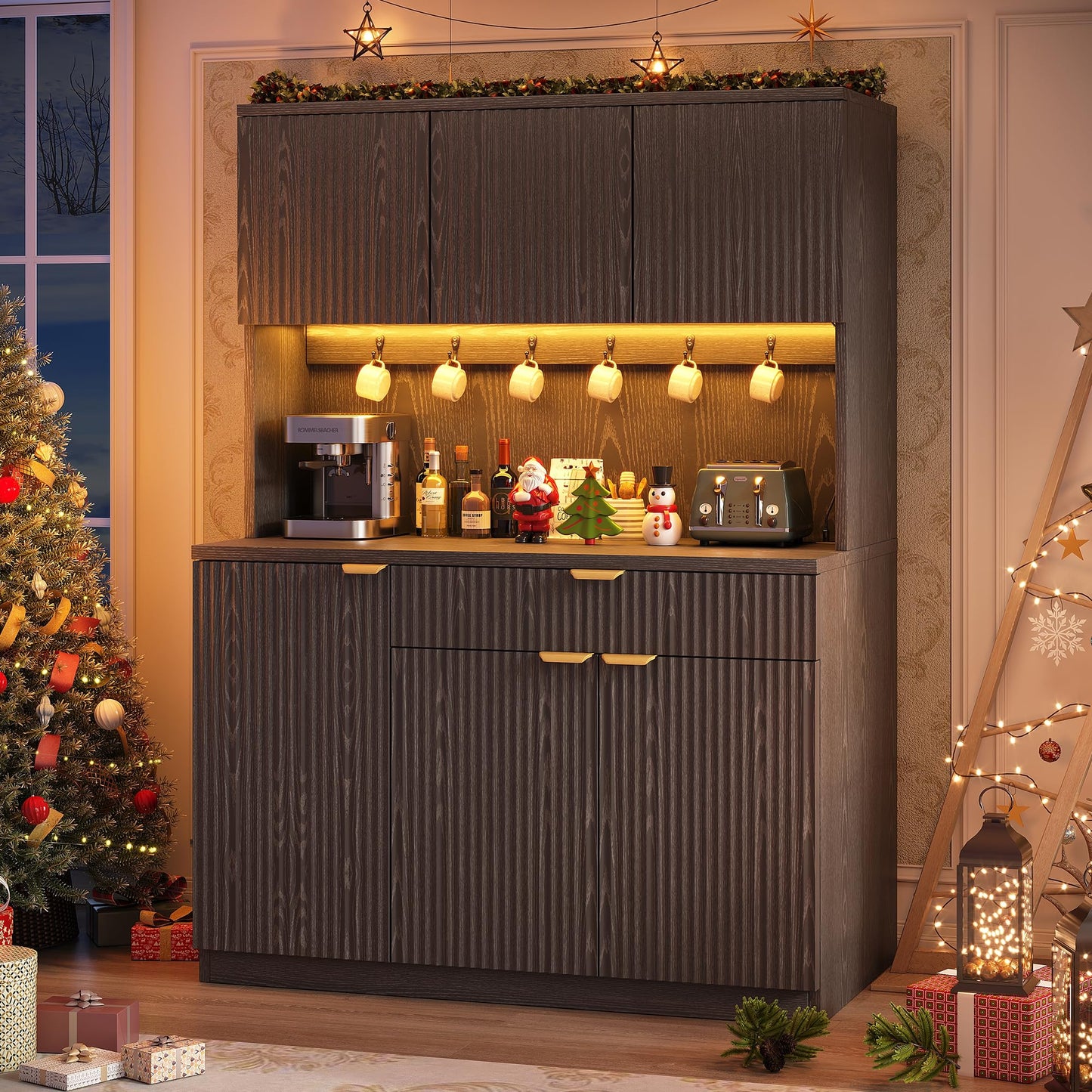 Fluted Kitchen Pantry Storage Cabinet with Charging Station/LED Light/Drawer/Doors/Shelves, 71'' Tall Kitchen Food Hutch with Microwave Stand for Dining Room Living Room (Black, 41 * 15.7 * 71)