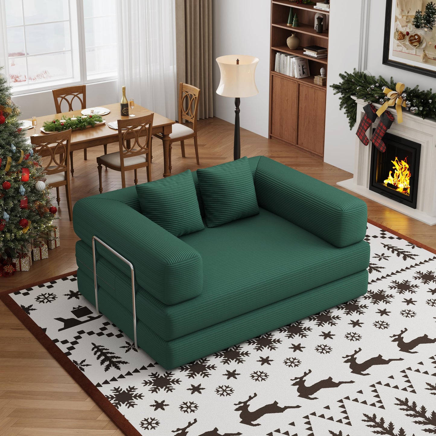 4 in 1 Convertible Sofas Boneless Couches with 2 Pillow, Modern Corduroy Futon Bed, Modular Queen Sofa with Pull-Out Bed, LoveSeat for Living Room, Small Space Apartment (Green, 53.15"Double Sofa)