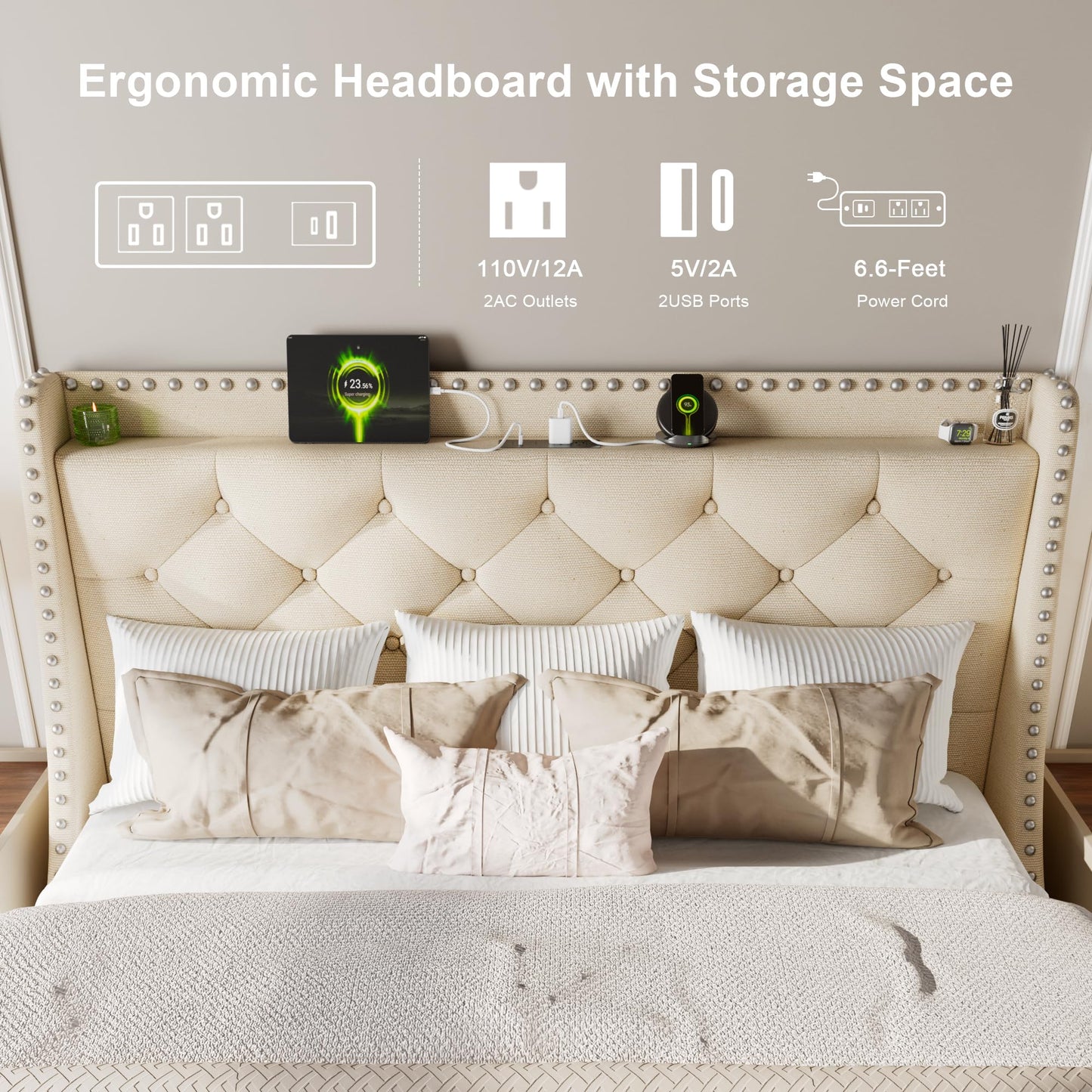 Feonase Queen Bed Frame with Luxury Wingback and Fast Charging Station,Queen Upholstered Button Tufted Storage Headboard Platform Bed,Sturdy Wooden Slats Support,Noise-Free,Easy Assembly, Beige