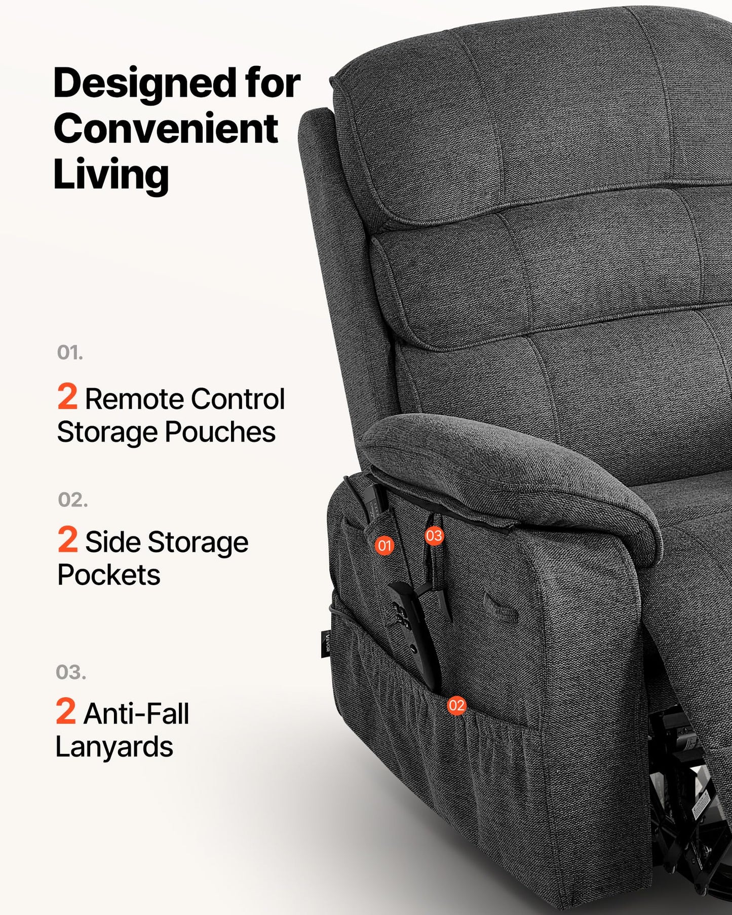 VEVOR Power Lift Recliner Chair, Dual Motor Lift Chair with Heat and Massage for Elderly, Position Adjustable, Remote Control, with Side Pockets, Chenille Fabric, Dark Gray