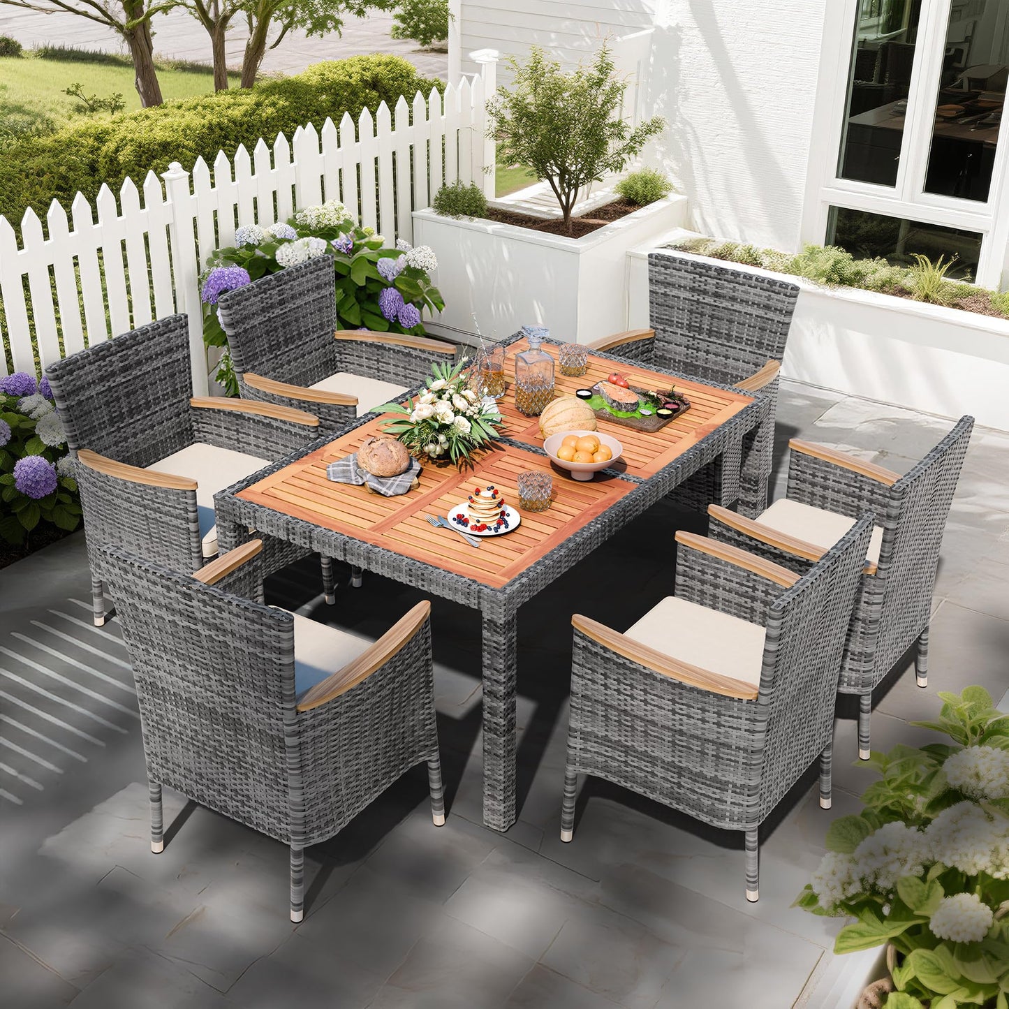 Shintenchi 7 PCS Patio Dining Set, Wicker Patio Conversation Set with Wooden Table Top, Outdoor Table and Chairs with Soft Cushions for Backyard, Deck and Garden, Grey Rattan