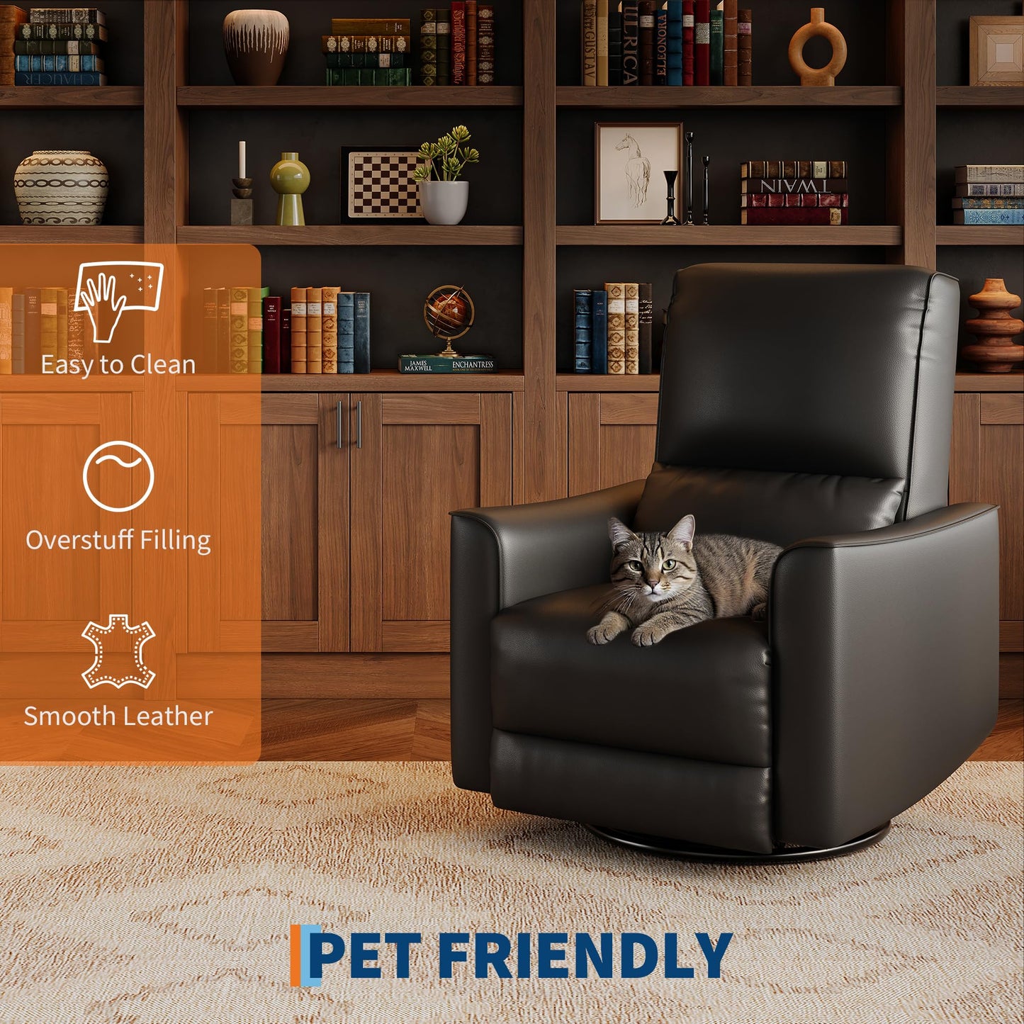 GarveeHome Recliner Chair, 360° Swivel Rocker Glider Nursery Chair with Padded Armrest and Deep Seat, PU Leather Upholstered Reclining Sofa Chair for Living Room, Bedroom and Nursery (Charcoal)