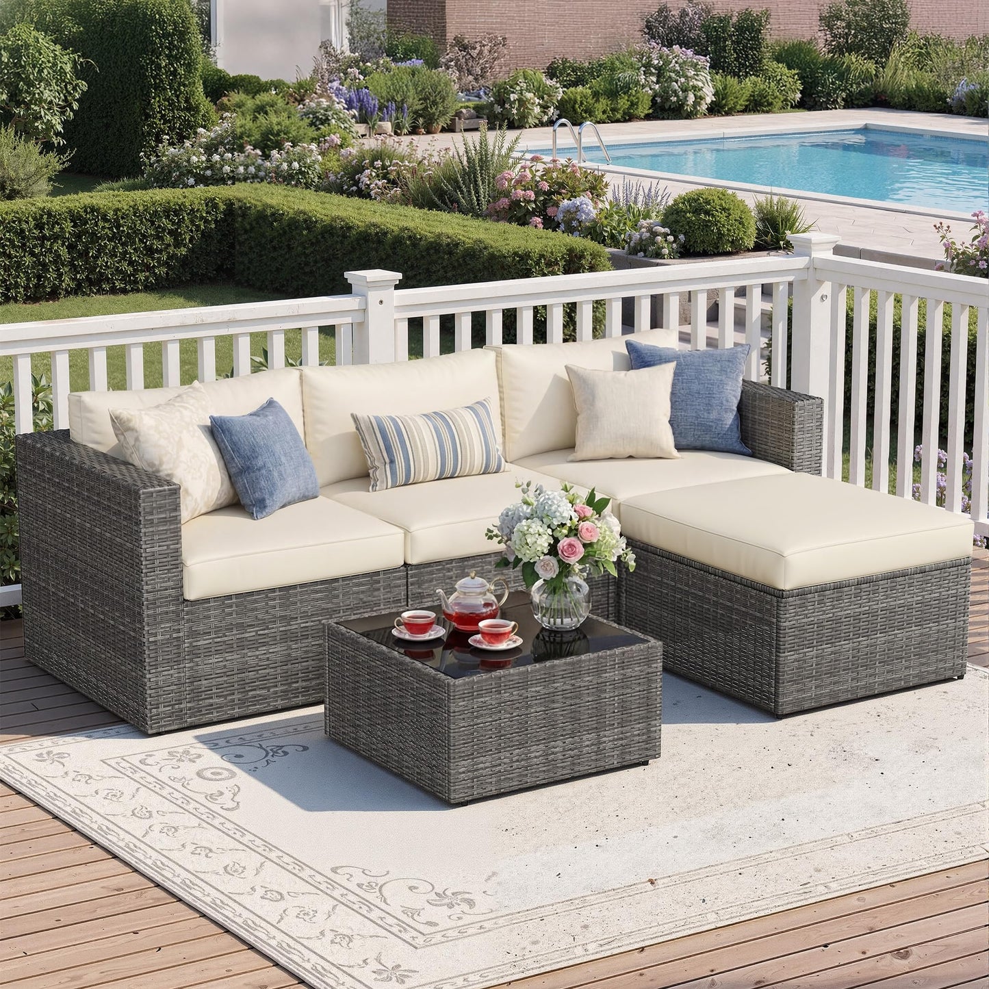 Wisteria Lane 5 Piece Outdoor Patio Furniture Set, All Weather Wicker Rattan Sectional Sofa Conversation Set with Cushions & Glass Coffee Table, Ideal for Backyard Porch Garden Balcony, Beige