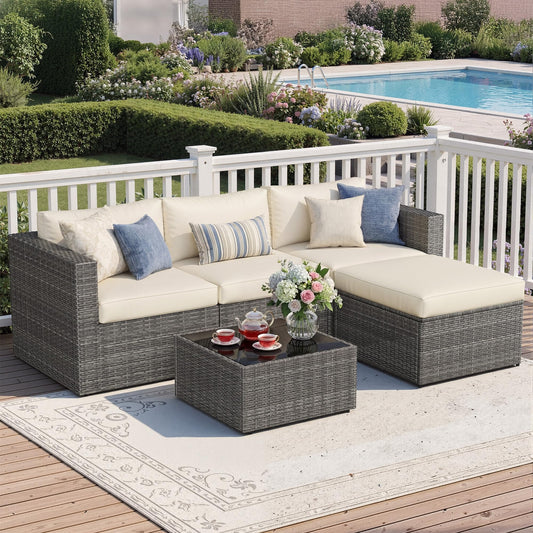 Wisteria Lane 5 Piece Outdoor Patio Furniture Set, All Weather Wicker Rattan Sectional Sofa Conversation Set with Cushions & Glass Coffee Table, Ideal for Backyard Porch Garden Balcony, Beige