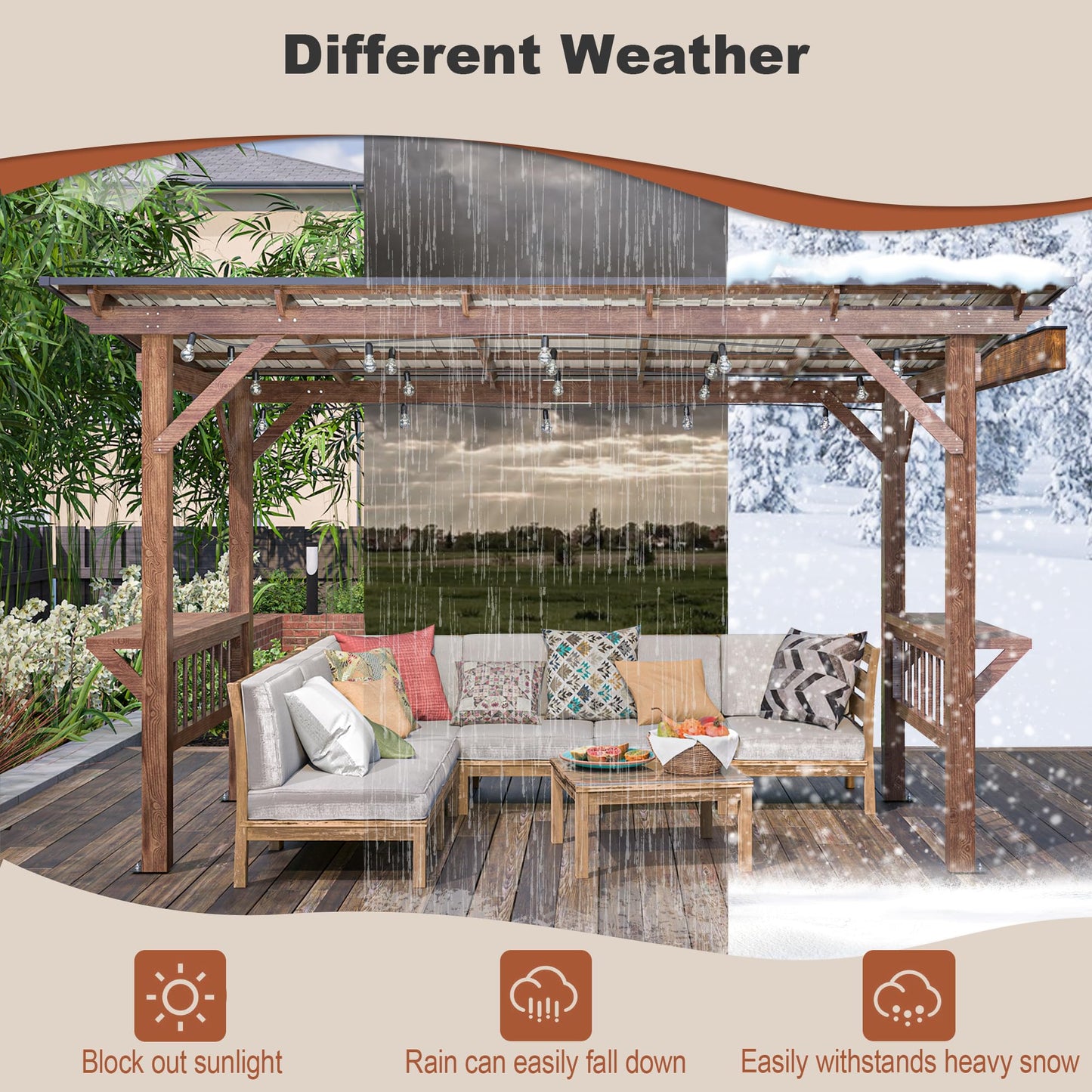 YOPTO 13x6.5 FT Outdoor Wooden Pergola Grill Gazebo with Metal Roof & Bulbs,Waterproof Garden Canopy W/Bar Counters,for Patio,Backyard,Swimming Pool,Brown
