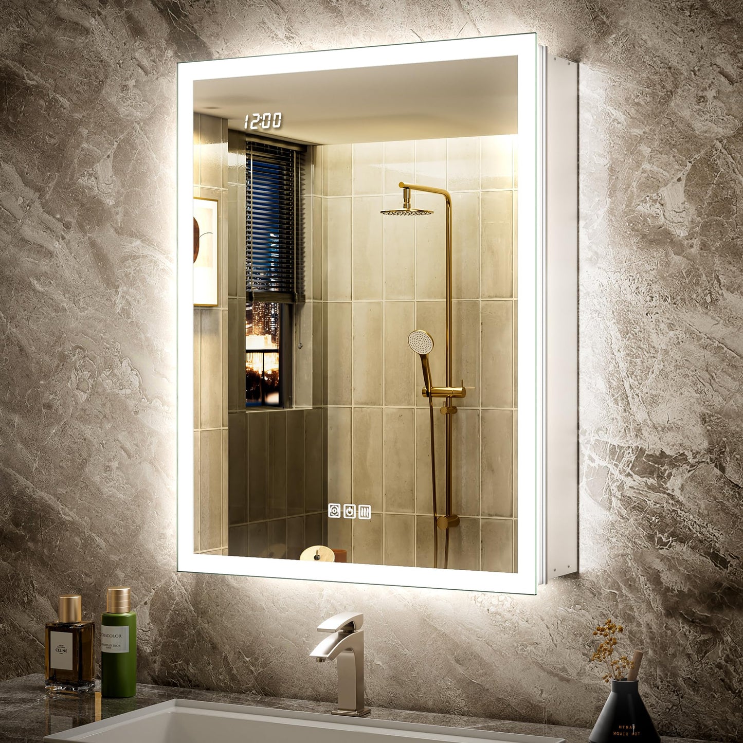 QueenFun 24x32 Front & Backlit Medicine Cabinet with LED Lights, 155°Soft-Close Hinge, Surface or Recessed Dimmable Lighted Medicine Cabinet Mirror with Clock Outlet Inner Light,Anti-Fog